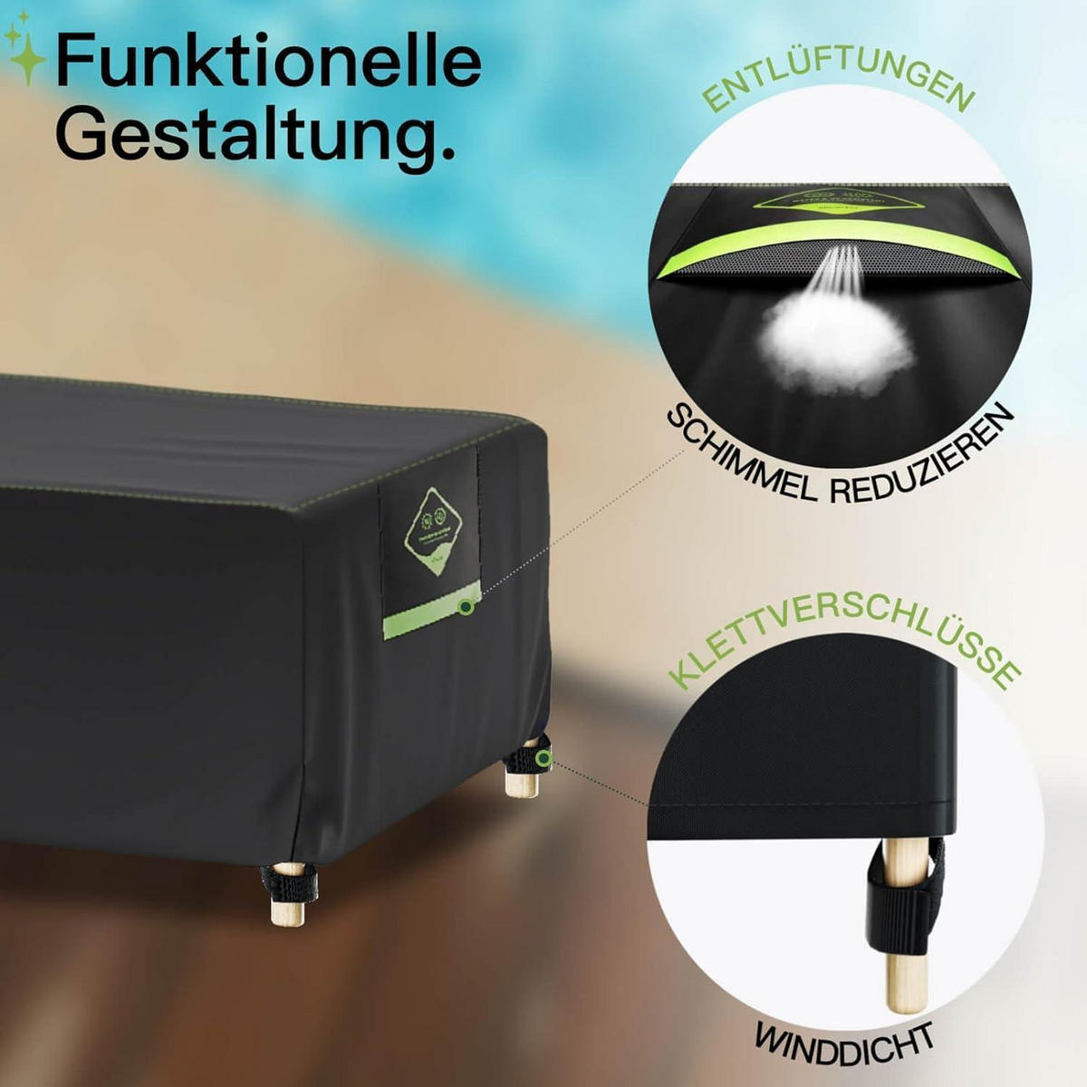 AWNIC gartenliege Abdeckung wasserdicht, schutzhülle für sonnenliege Winterfest, abdeckhaube liegen, liegestuhl Auflage, gartenmöbel abdeckplane 200x7 - Schwarz, Textil (200/40/85cm)