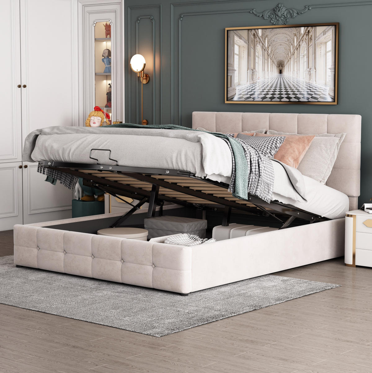 POLSTERBETT 90/200 cm aus MDF und Sperrholz mit Leinenbezug LED-Beleuchtung und Stauraum Beige - Beige, Holzwerkstoff (90/200cm) - Modenvie