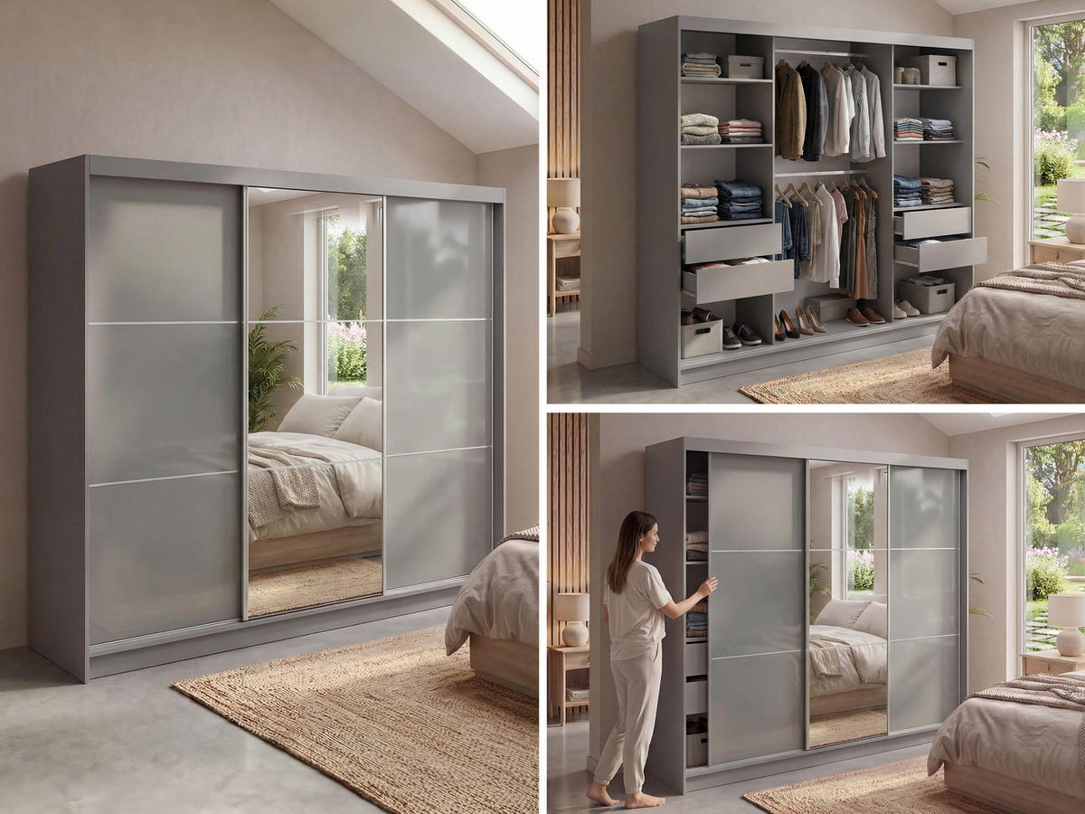 SCHWEBETÜRENSCHRANK mit Spiegel und Schubladen - WALENCJA - 240 - Grau lacobel - Alufarben/Grau, Holzwerkstoff/Metall (240/216/61cm) - MKS