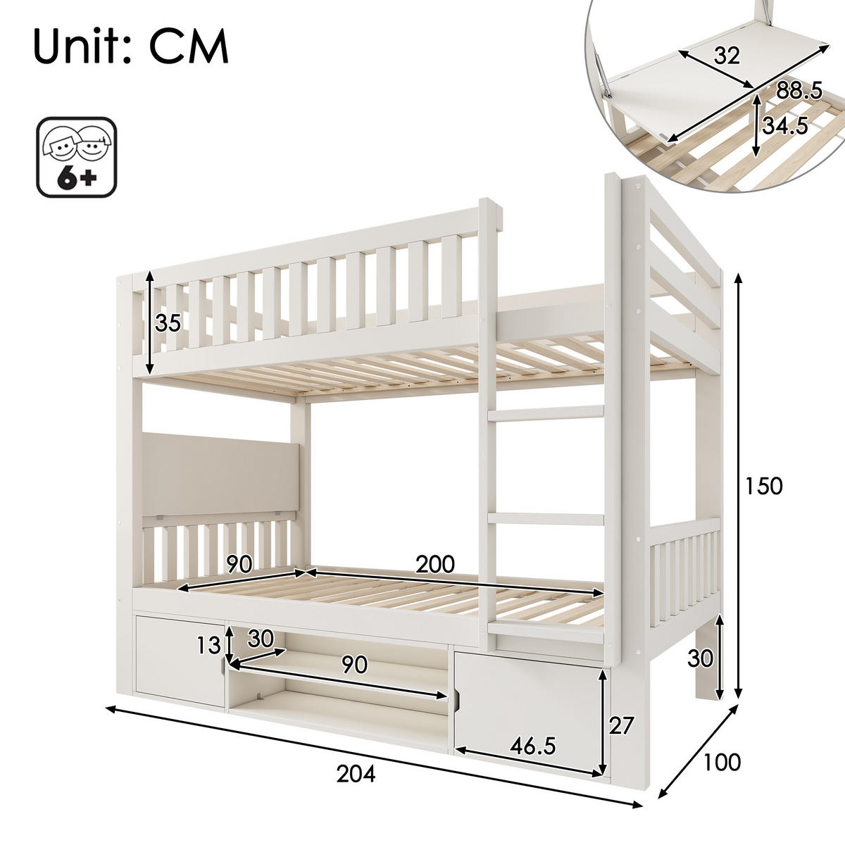 ETAGENBETT Mit Klappbarer Tischplatte Weiß 90x200 cm - Weiß, Holz (90/200cm) - ComfortXL