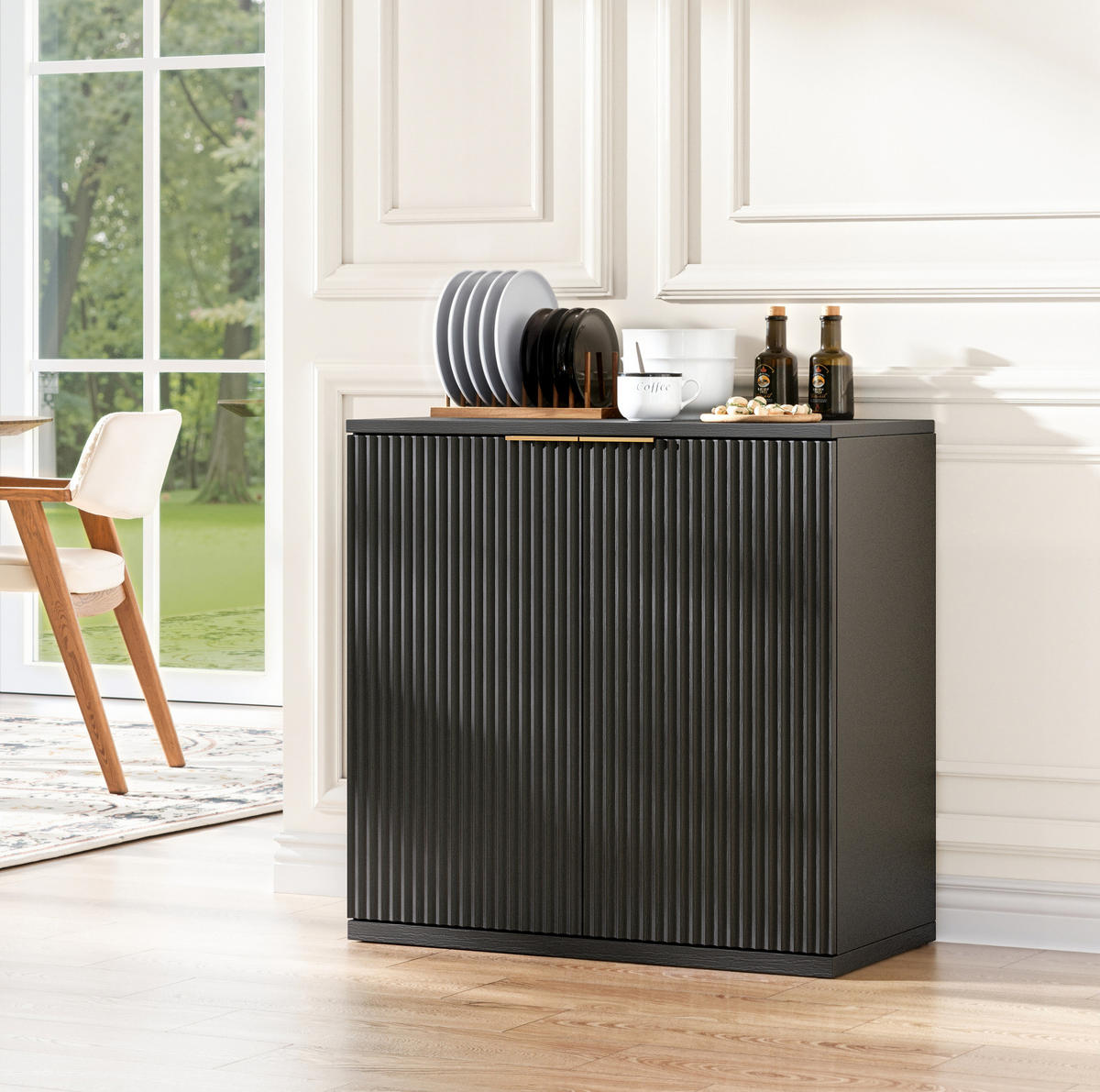 SIDEBOARD 40/80/80 cm mit 2 Türen, geräumigem Stauraum und Faltenfront aus MDF, Schwarz - Schwarz, Holzwerkstoff (80/80/40cm) - Redom