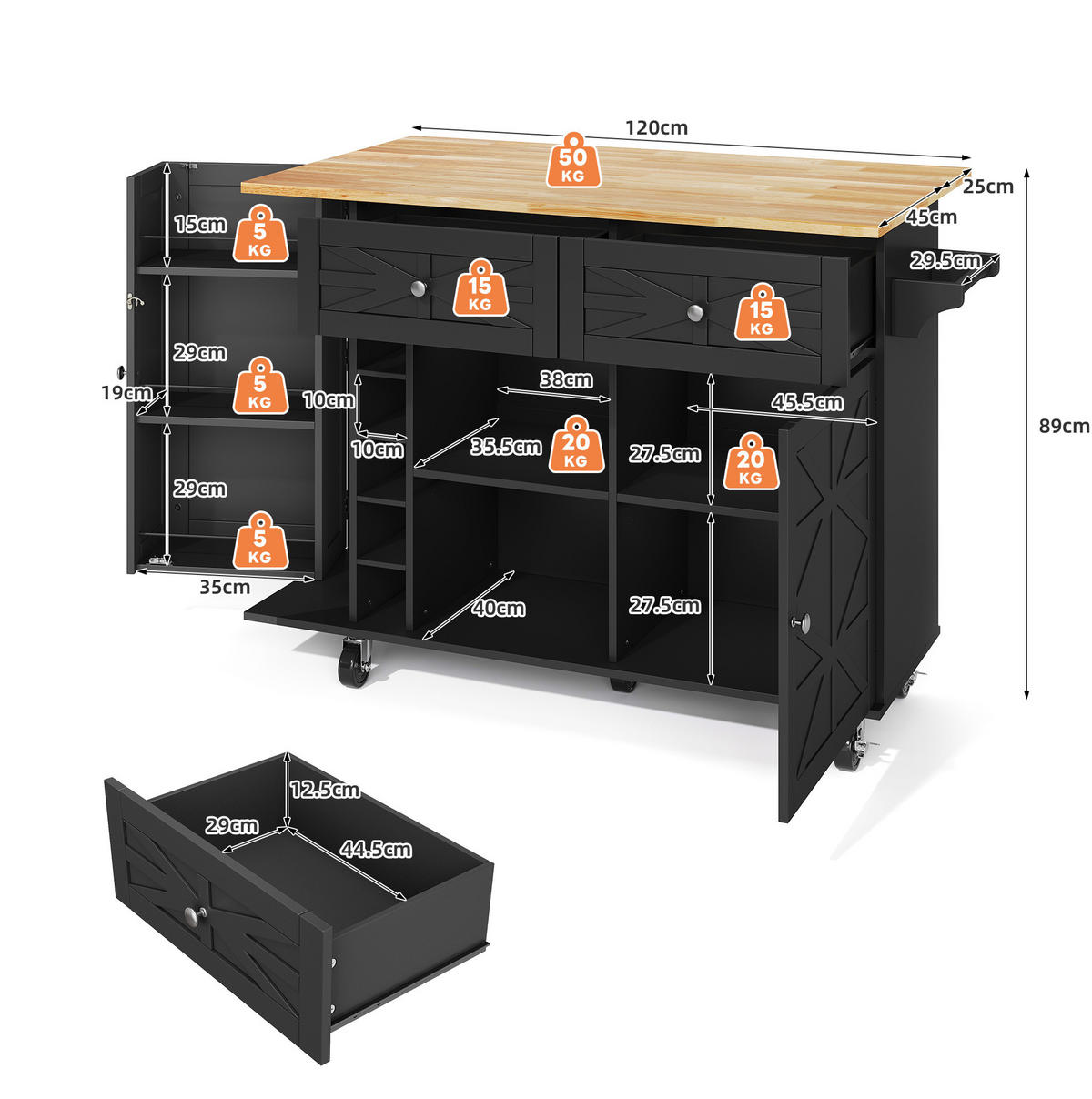 KÜCHENINSEL 120/45-70/89 cm aus MDF mit klappbarer Arbeitsplatte Schwarz - Schwarz, Holzwerkstoff (120/89/70cm) - Modenvie