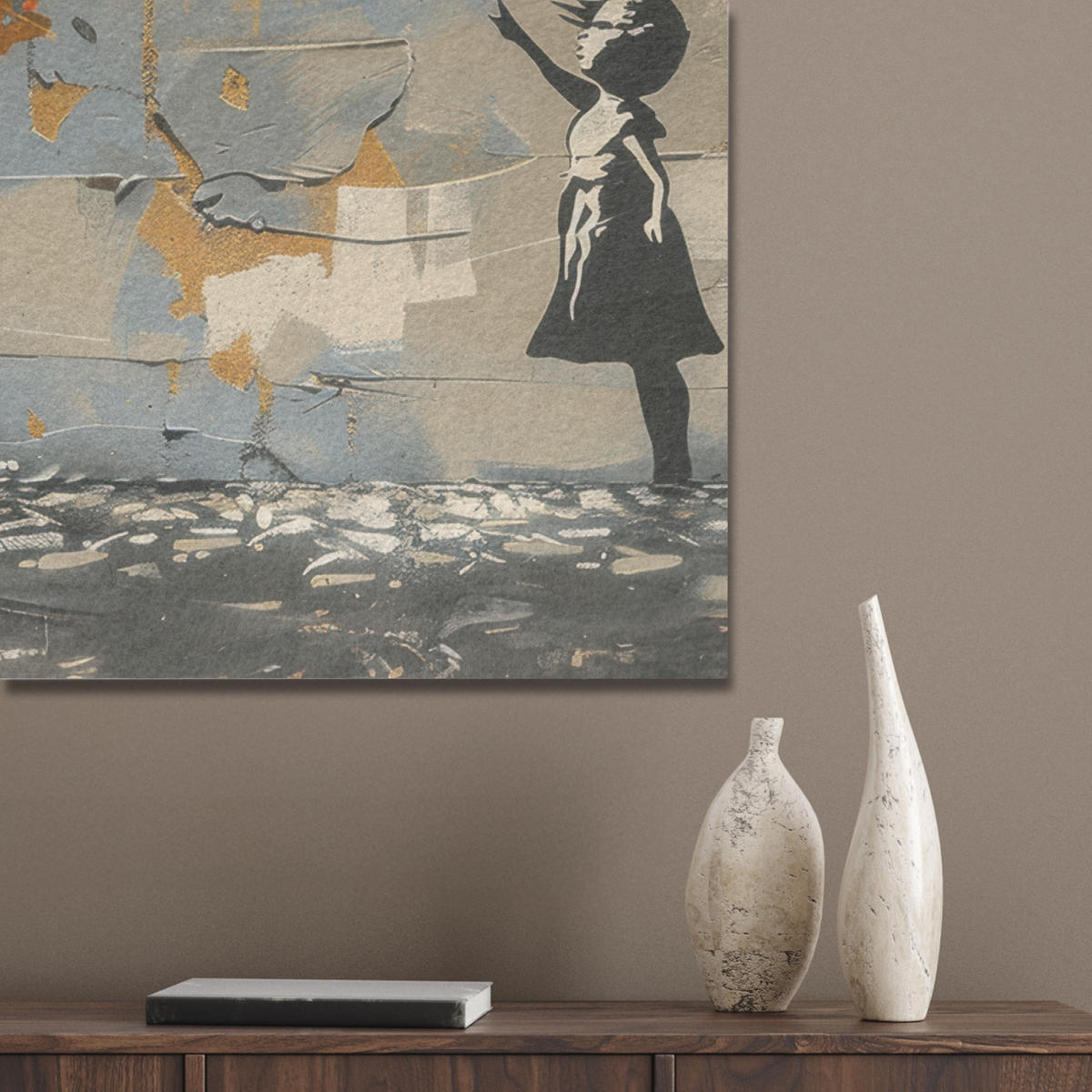 AKUSTIKBILD Baum - Graffiti - Banksy-Stil - Ballon-Mädchen Wanddeko 60x90 cm - Blaugrau, Kunststoff (60/90/0.9cm) - MuchoWow