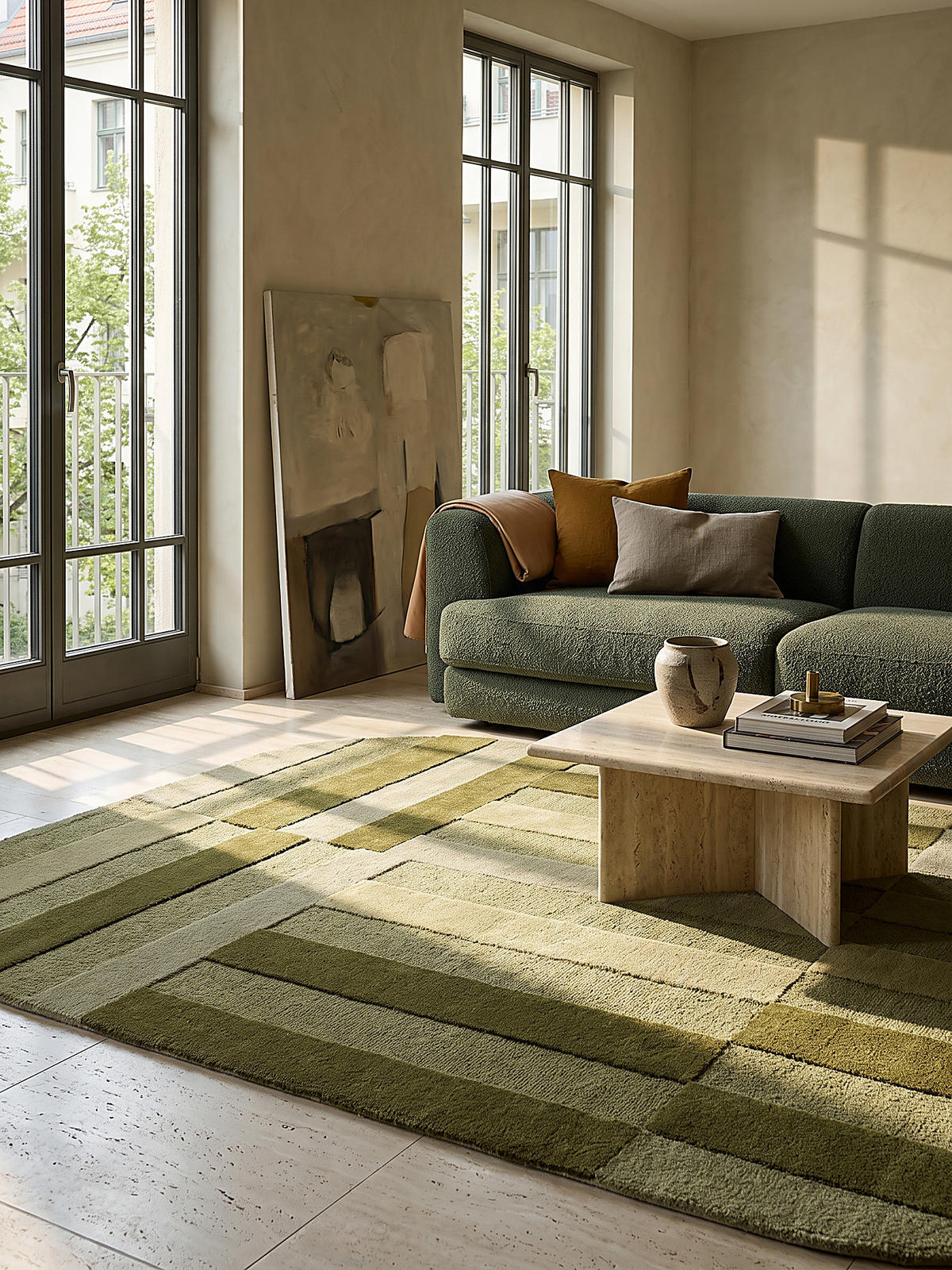 TEPPICH aus Wolle, handgetuftet, LUNAN, in Olivgrün, Blockstreifen, 160 x 230 cm - Grün, Textil (160/230cm) - KADIMA DESIGN