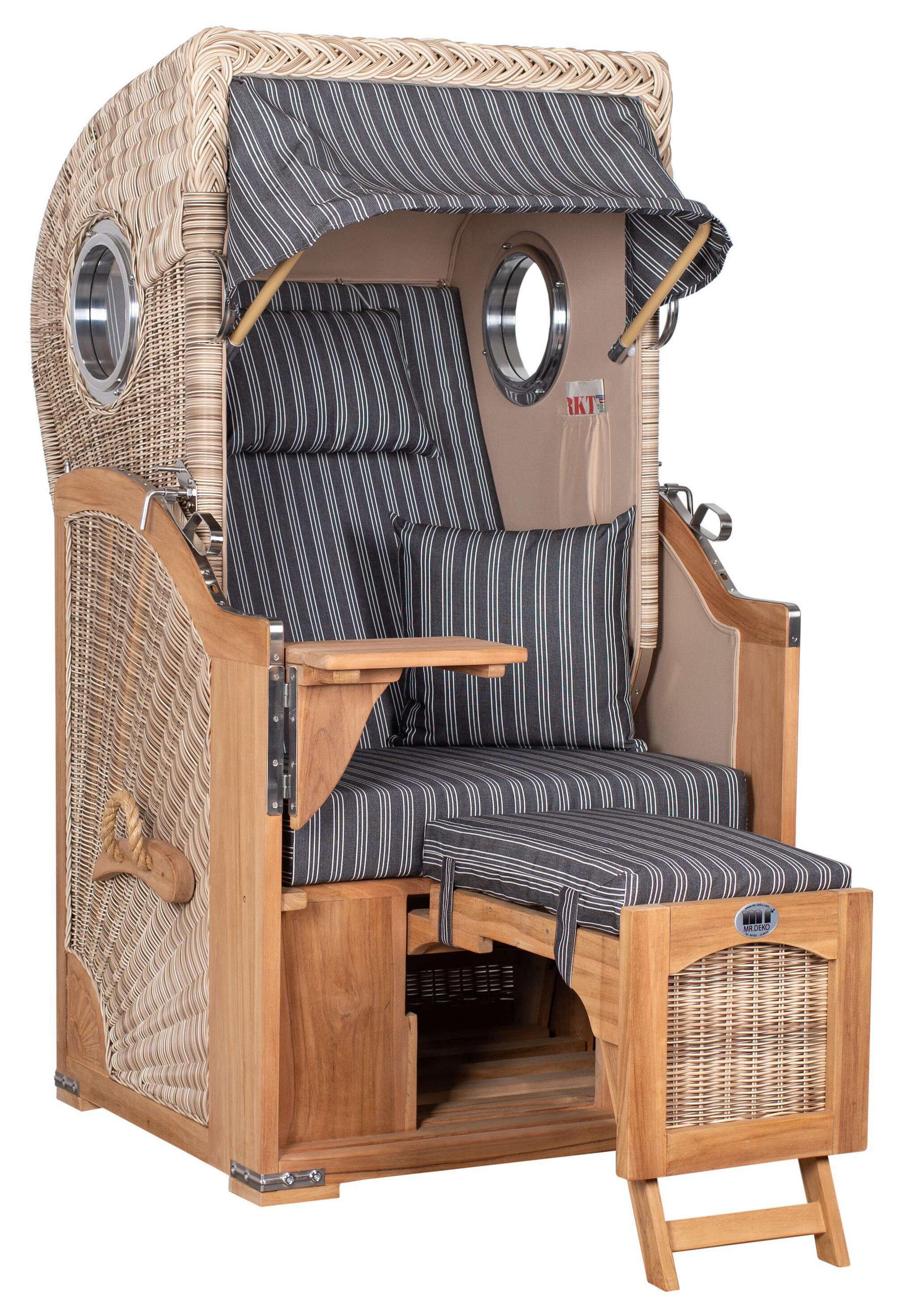 STRANDKORB Düne 1 Sitzer Teak PE Shell - Schwarz/Braun, Holz/Textil (96/165/80cm) - Mr. Deko