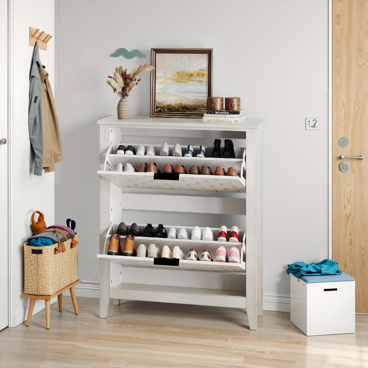 SCHUHSCHRANK aus MDF & Spanplatte in Weiß mit 2 Schubladen - Weiß, Holzwerkstoff (80/97.5/24cm) - Modfu