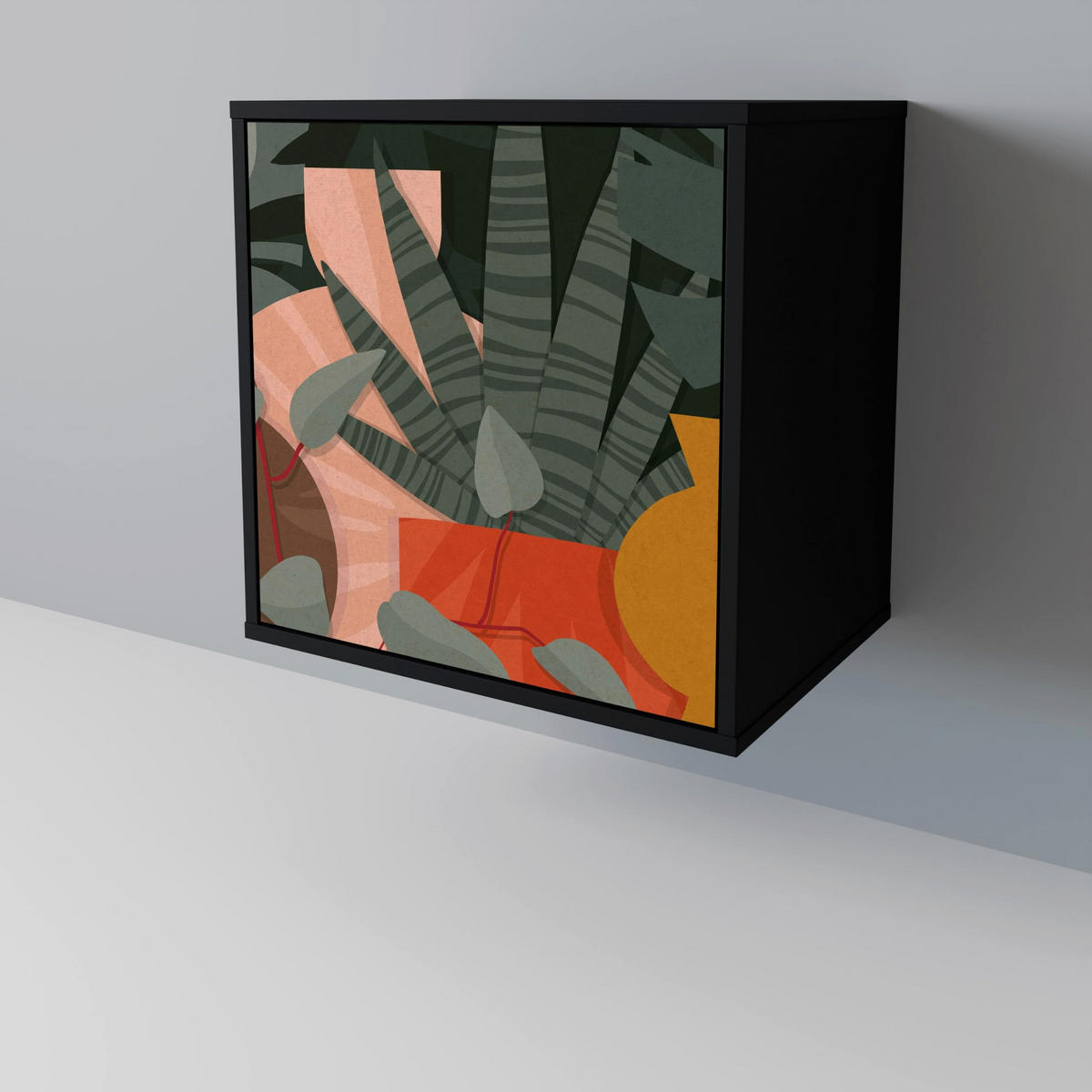 SIDEBOARD TROPICAL COMPOSITION, Schwarz, 57,5x42x75,5 cm, Goldfarbene Metallfüße - Goldfarben/Multicolor, Holzwerkstoff/Metall (57.5/75.5/42cm) - SpaceRebels