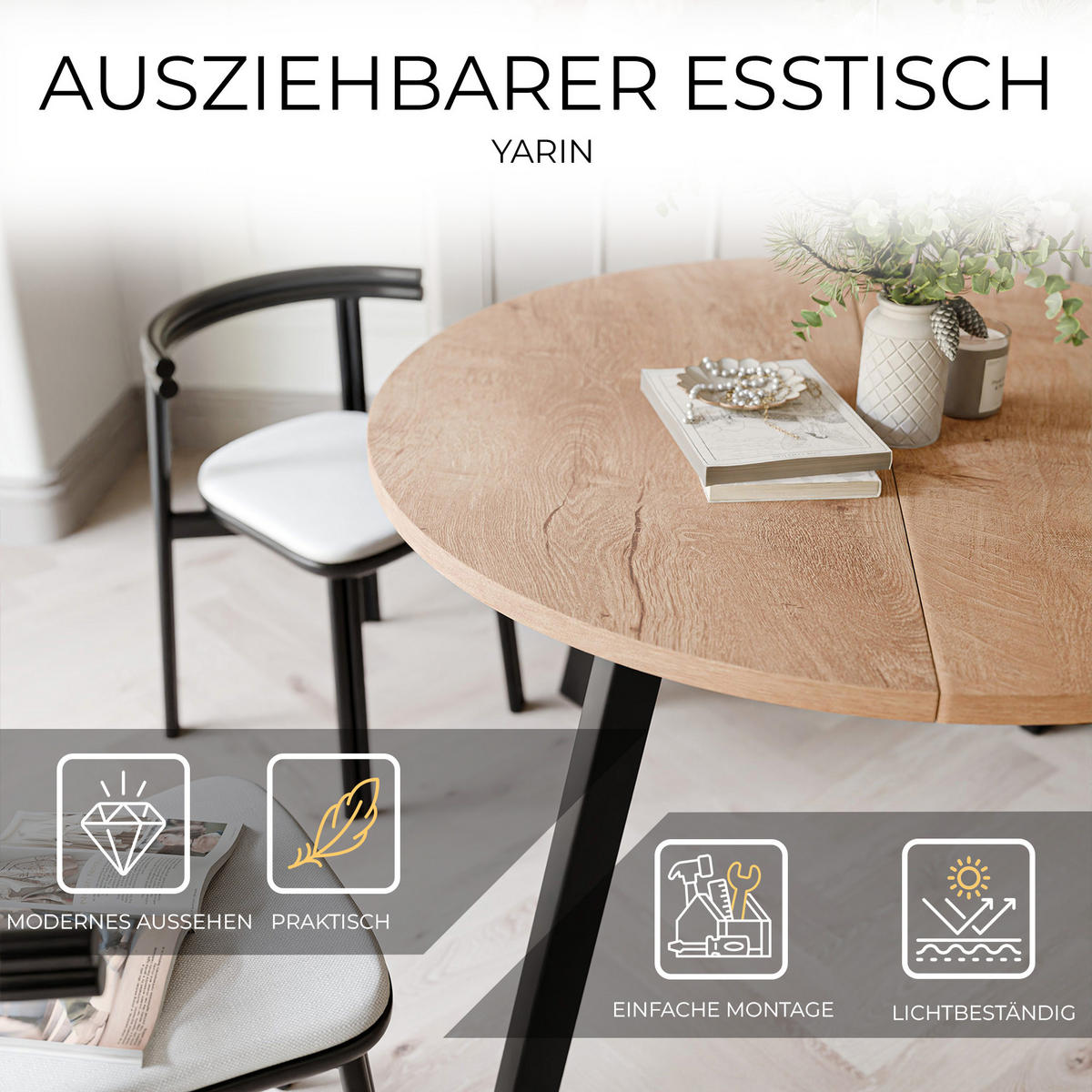 TISCH Schwarze Beine, MDF Tischplatte, Lefkas Eiche - Schwarz/Braun, Holzwerkstoff (100/100/76cm) - Idohome