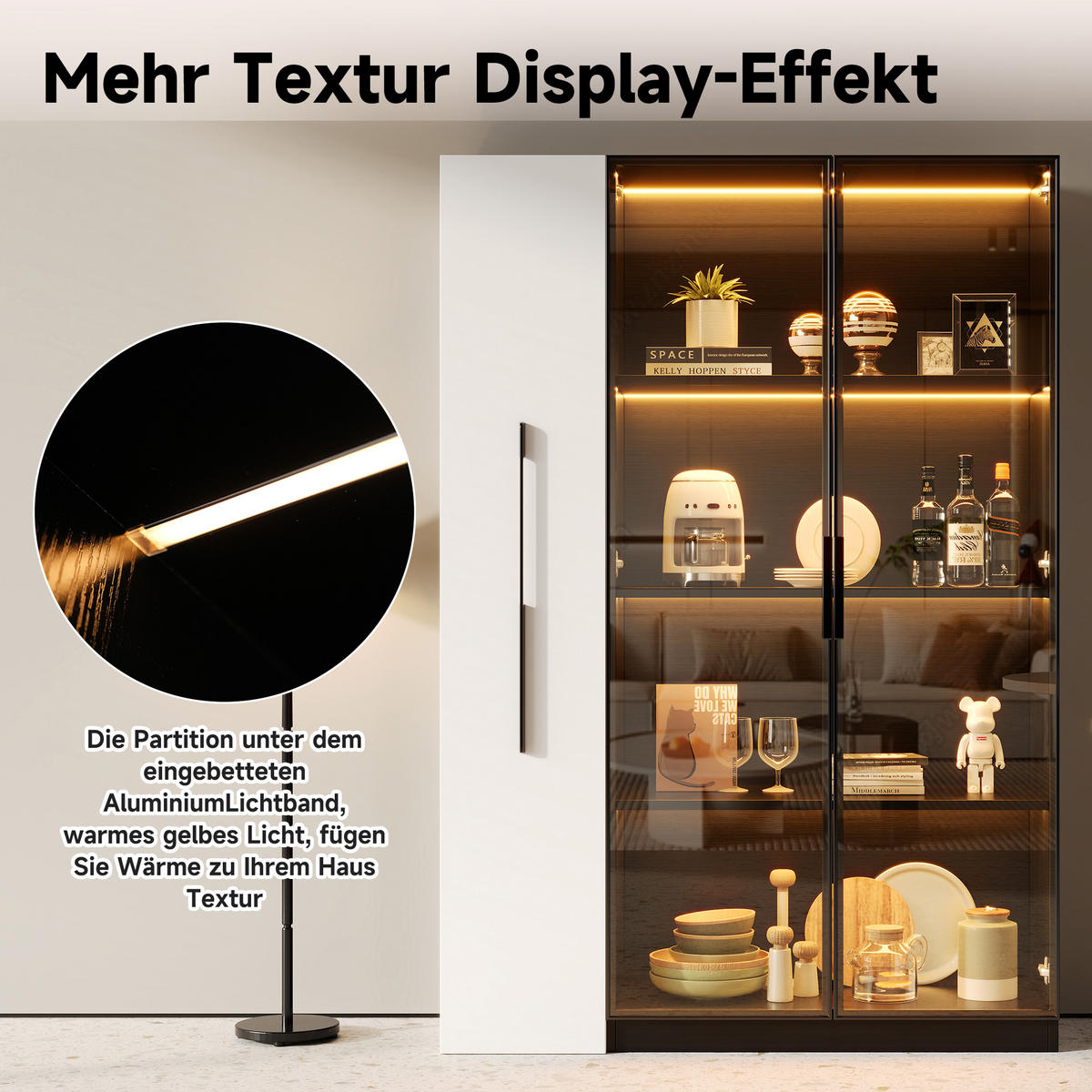VITRINE 110cm Weiß Schwarz Glas LED Rollschrank modern - Schwarz, Holzwerkstoff (110/160/35cm) - FLIEKS