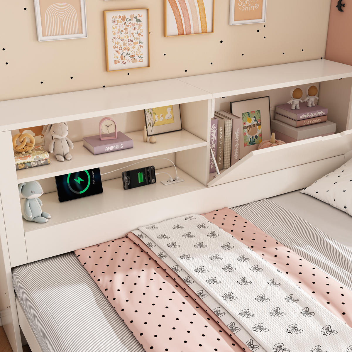 JUGENDBETT 140/190 mit Ausziehbett, Stauraum und USB in Weiß - Weiß, Holzwerkstoff (140/190cm) - EVRYAE