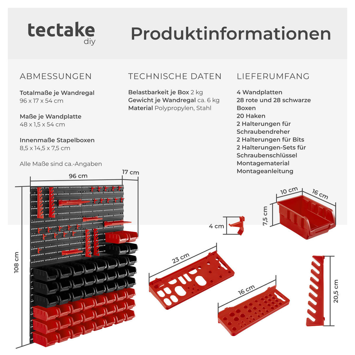 KLEINTEILEMAGAZIN ,inklusive Halterungen für Werkzeug und Zubehör,schwarz - Schwarz, Textil (96/54/17cm) - tectake