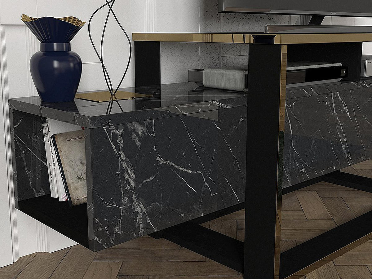 TV-MÖBEL mit 2 Ablagen - Marmor-Optik - Schwarz & Goldfarben - COMEBI - Schwarz, Holz (160/49.8/46.1cm) - Vente-Unique