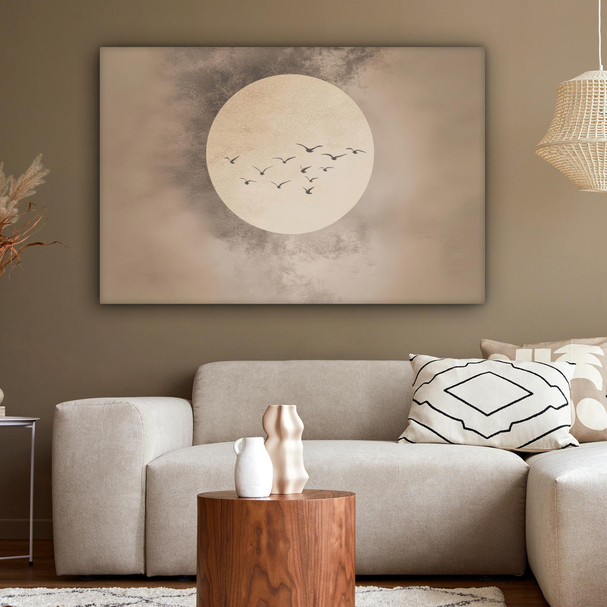 LEINWANDBILD Vogel - Beige - Japanisch XXL 150x100 cm - Taupe, Textil (150/100cm) - MuchoWow