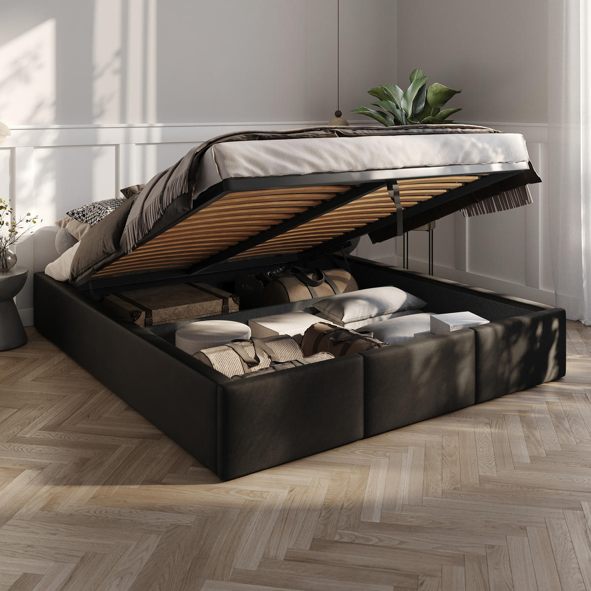POLSTERBETT für Schlafzimmer Bett mit Stauraum Schwarz 160x200cm - Schwarz, Holzwerkstoff/Textil - Muralo