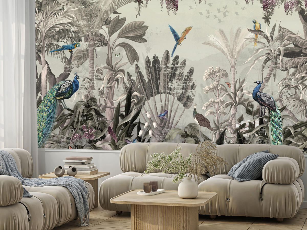 FOTOTAPETE für Wohnzimmer Vintage Tropenwald Palmen Papageien 300x210 - Beige/Grün, Papier (300/210cm) - Muralo