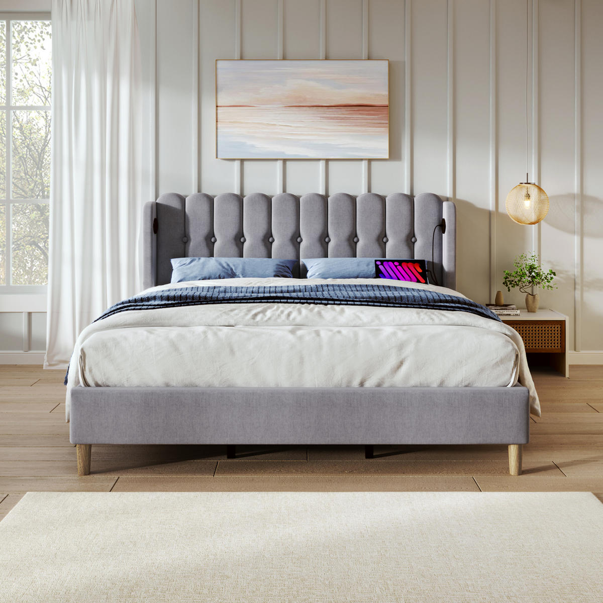 POLSTERBETT 140/200 cm Grau aus Leinen mit Matratze und USB- und Type-C-Anschlüssen - Grau, Textil (140/200cm) - Flora Grace