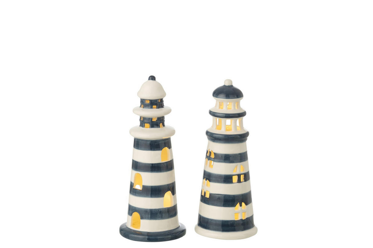 DEKOOBJEKT LEUCHTTURM GESTREIFT (2ER SET) - Blau, Keramik (8.5/20/8.5cm) - J-Line