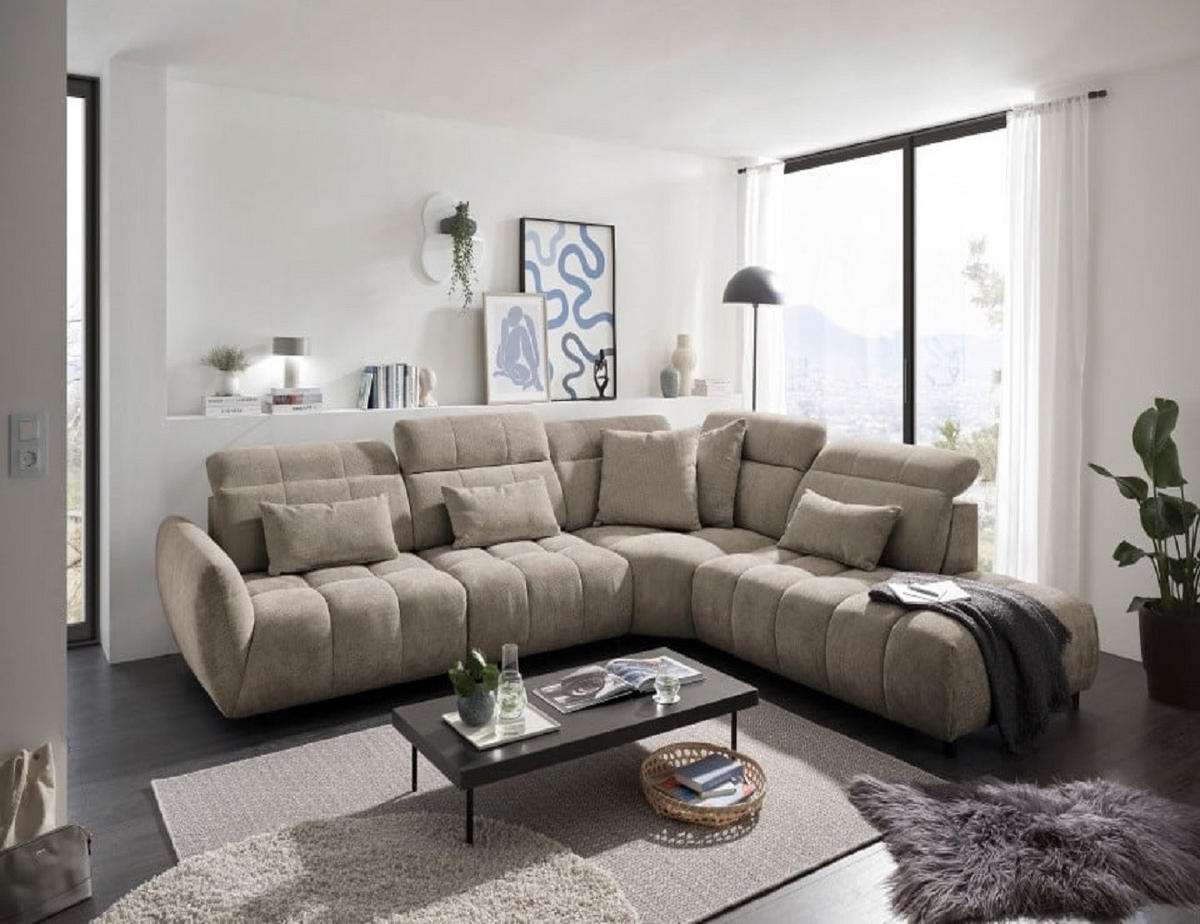 ECKSOFA mit verstellbaren Kopflehnen und Nosagfederung - Sandfarben, Textil (285/339cm) - ed exciting design