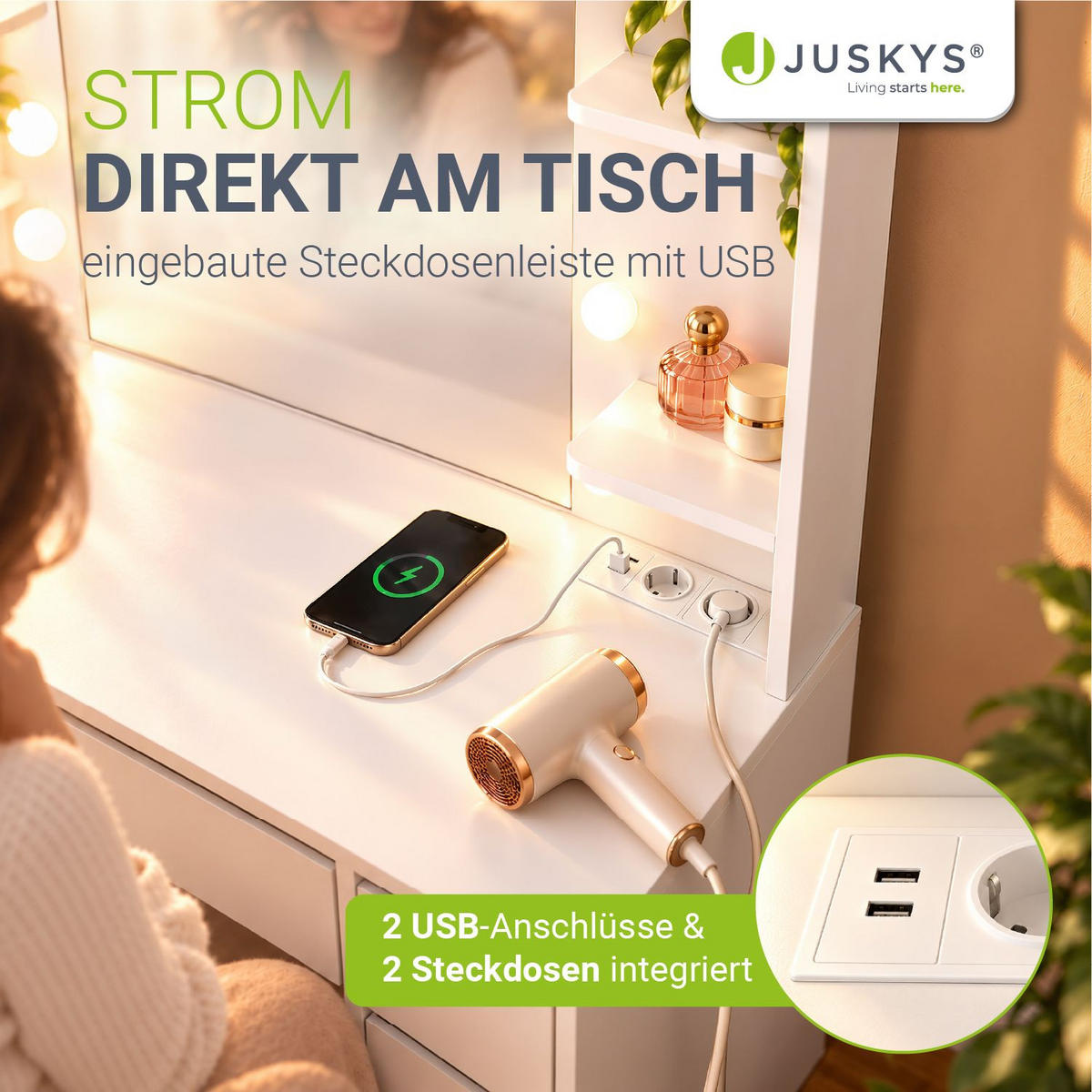 SCHMINKTISCH Malia mit LED - Weiß, Holz (107/140/40cm) - Juskys