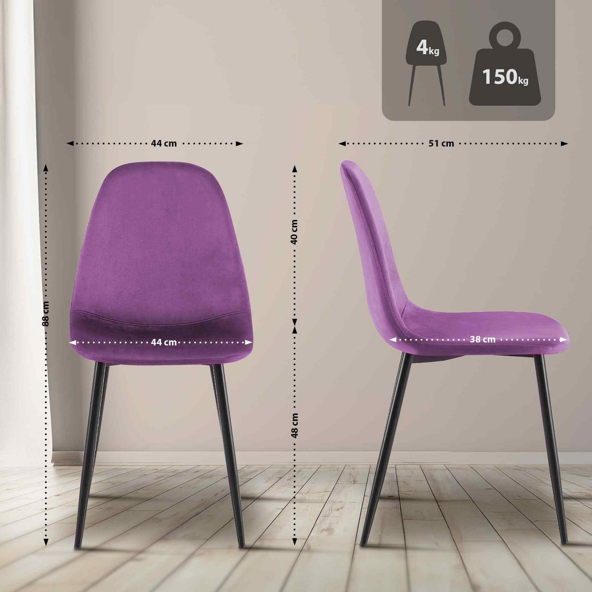 STUHL Samt Lila - Lila/Schwarz, Textil/Metall (44/88/51cm) - CLP