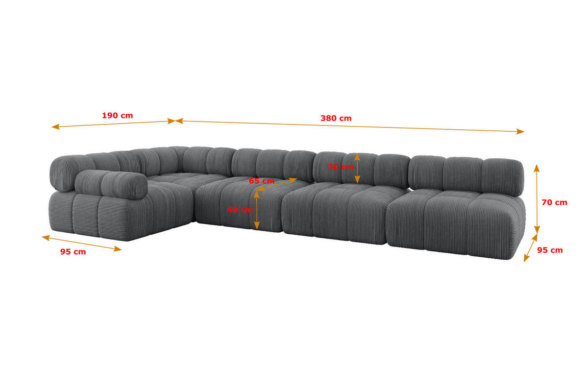 ECKSOFA modulares Sofa Mende-L3 - 380x190x70 cm Dunkelgrau Cord - Dunkelgrau, Holzwerkstoff/Textil (380/190cm) - ALTDECOR