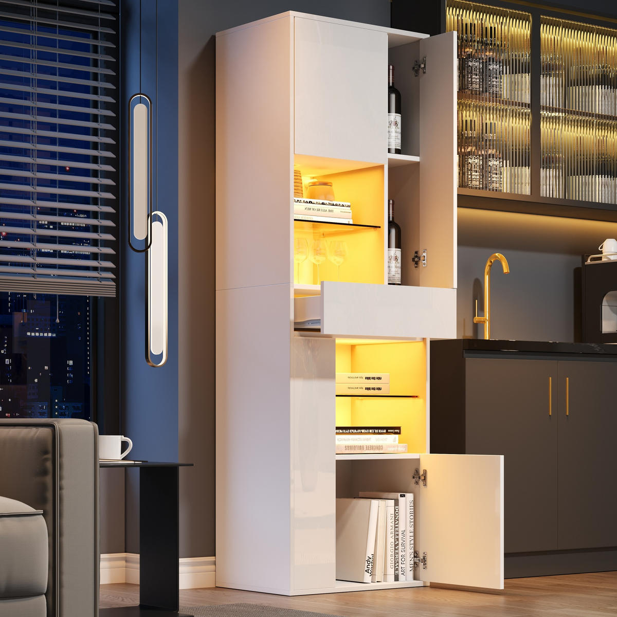 VITRINE in Weiß Verkaufsvitrine mit LED-Beleuchtung und 1 Schublade für Wohnzimmer, B55/T38/H170cm - Weiß, Glas/Holzwerkstoff (55/170/38cm) - STILVORA