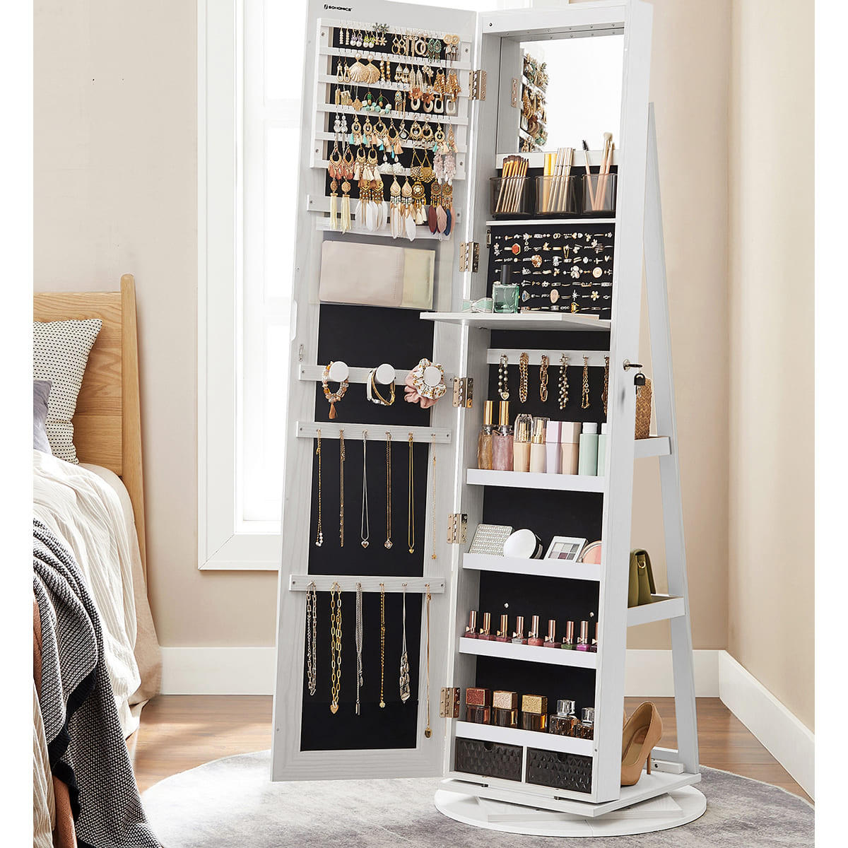 SCHMUCKSCHRANK mit Spiegel - H162 cm - Weiß, Holzwerkstoff (55/162/167cm) - Calicosy