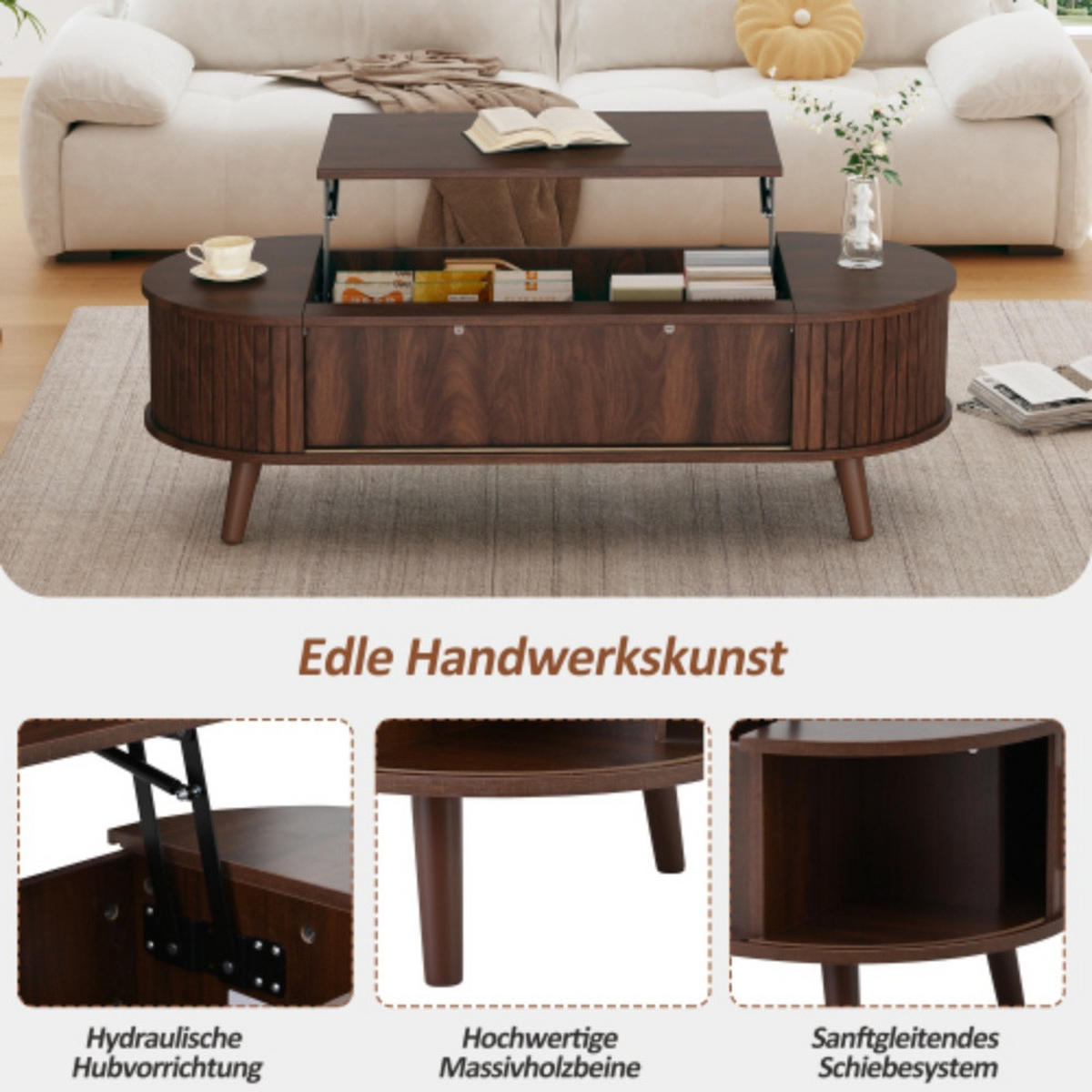 COUCHTISCH 120/50/39,5 cm Nussbaum aus MDF mit Hubfunktion, Rolltoren und verstecktem Stauraum - Nussbaumfarben, Holzwerkstoff (120/50/39.5cm) - OKWISH