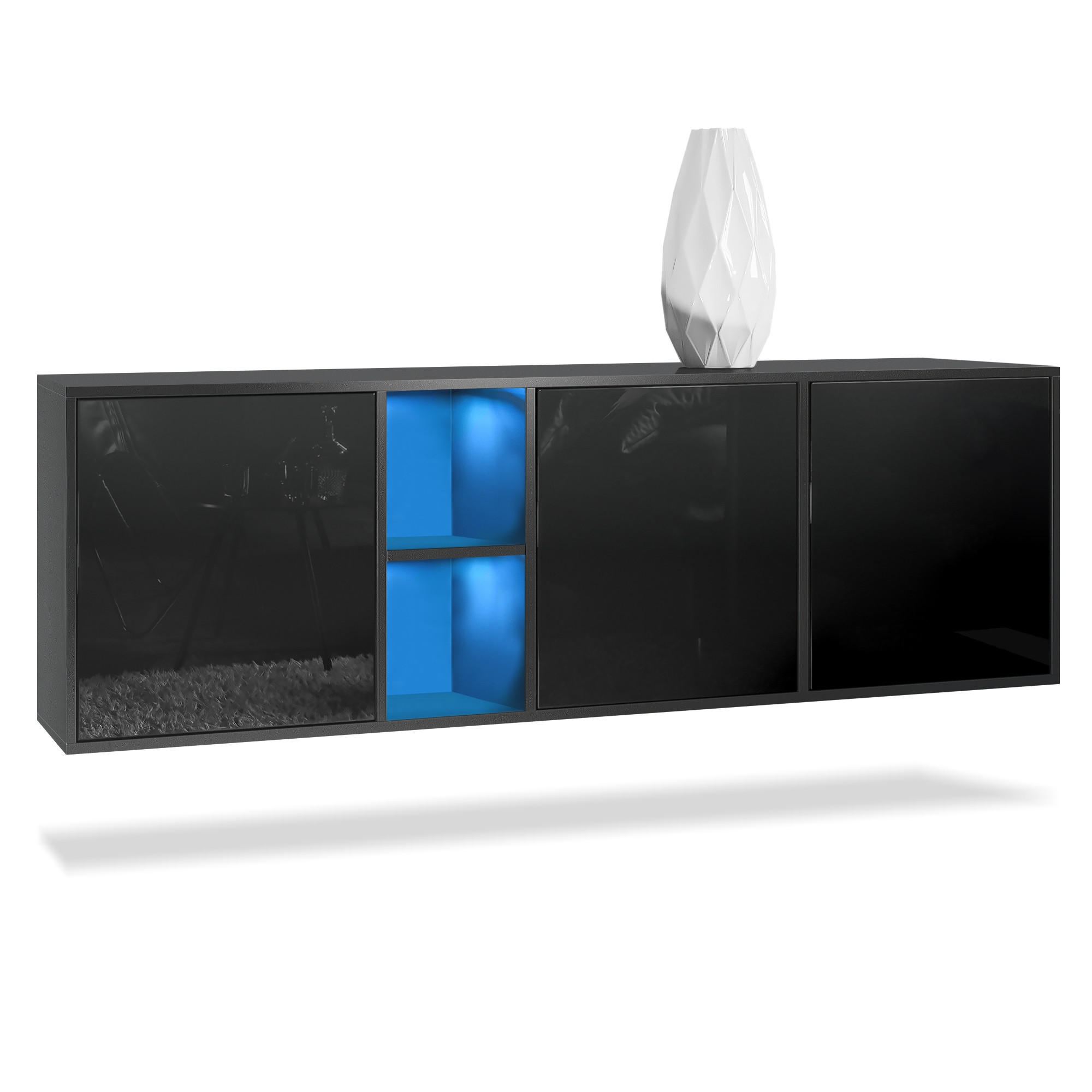 Vladon Sideboard Schwarz Hochglanz 182x53x35 cm