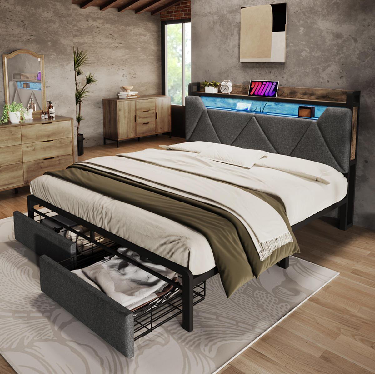 POLSTERBETT aus Leinen 160x200 cm in Grau mit LED-Beleuchtung & Matratze - Grau, Textil (160/200cm) - Modfu