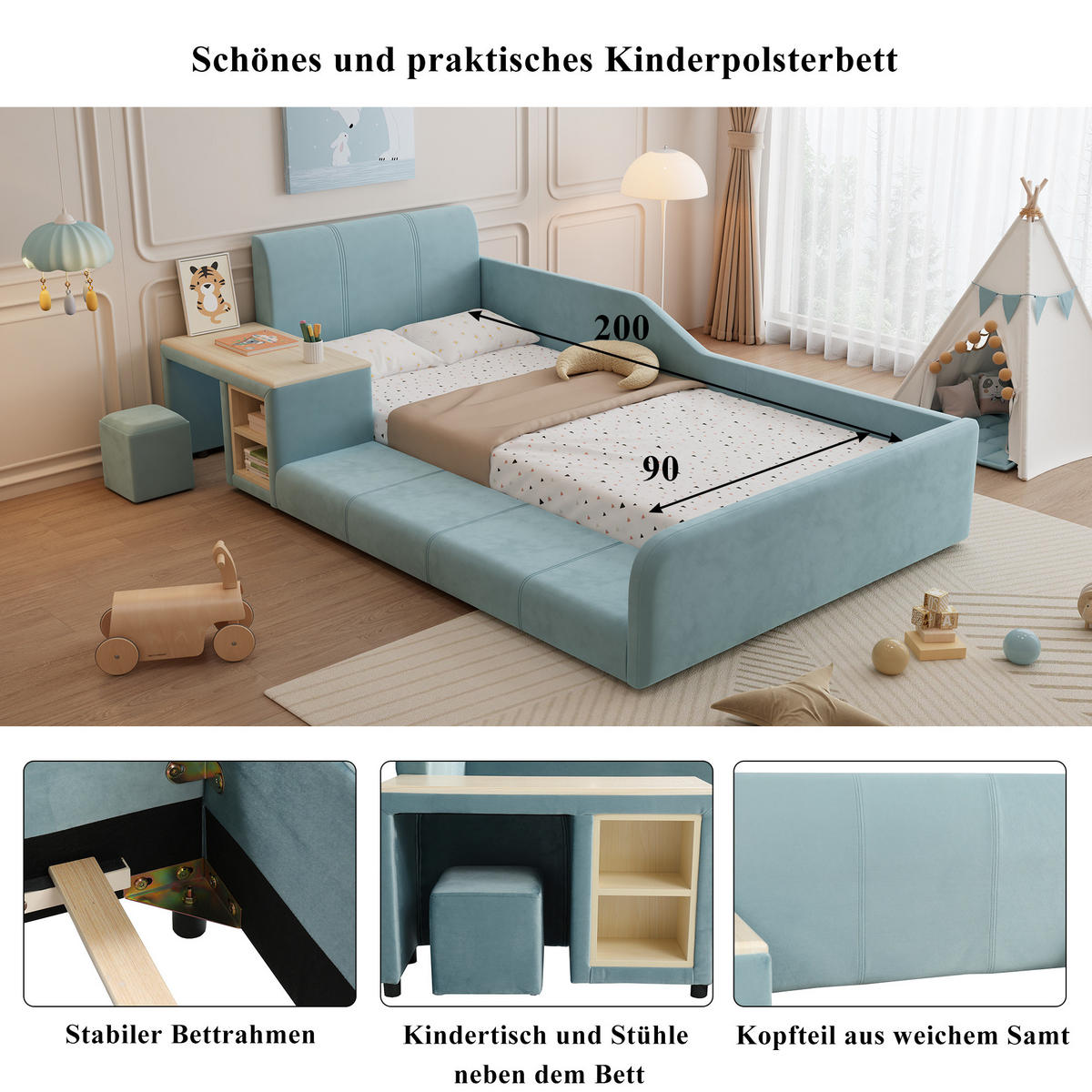 POLSTERBETT 90/200 cm aus Samt mit Schreibtisch und Hocker Blau/Naturfarben - Blau, Textil (90/200cm) - Modenvie