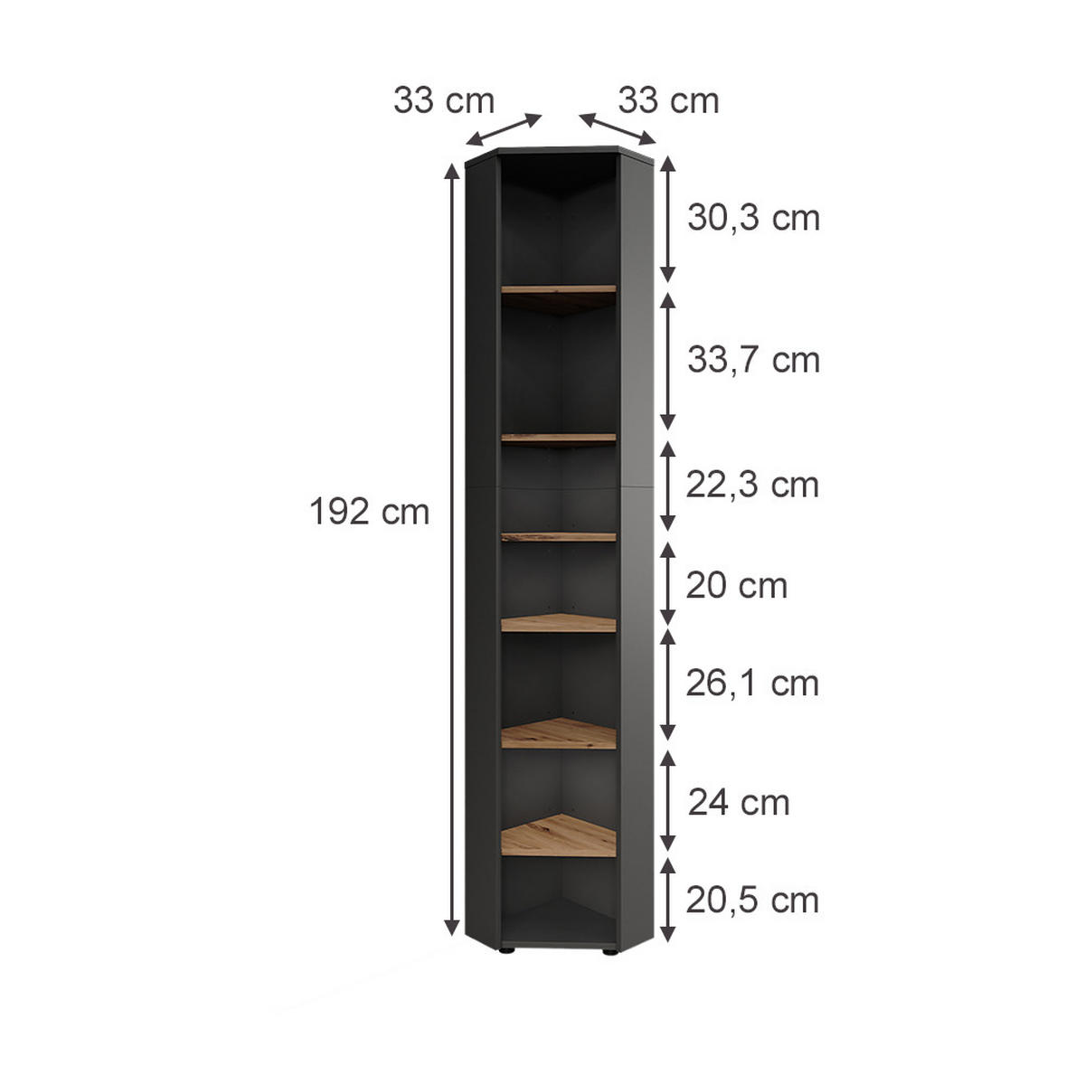 ECKHOCHSCHRANK Irma Anthrazit/Artisan 33 x 192 cm 7 Fächer - Anthrazit/Eiche Artisan, Holzwerkstoff (33/192/33cm) - Vicco