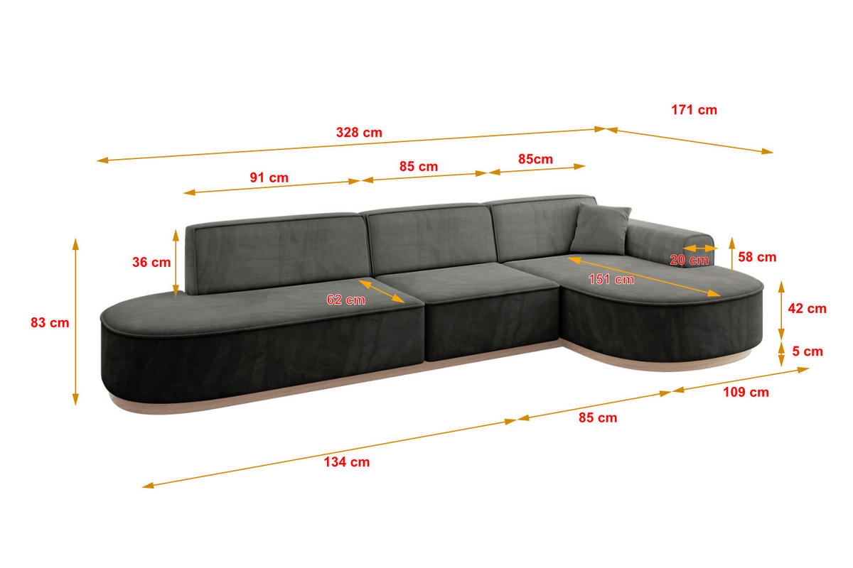 ECKSOFA Ottomane Rechts MARI-L2-v1 - 328x171x83 cm Dunkelgrau Velours - Dunkelgrau, Holzwerkstoff/Textil (171/328cm) - ALTDECOR
