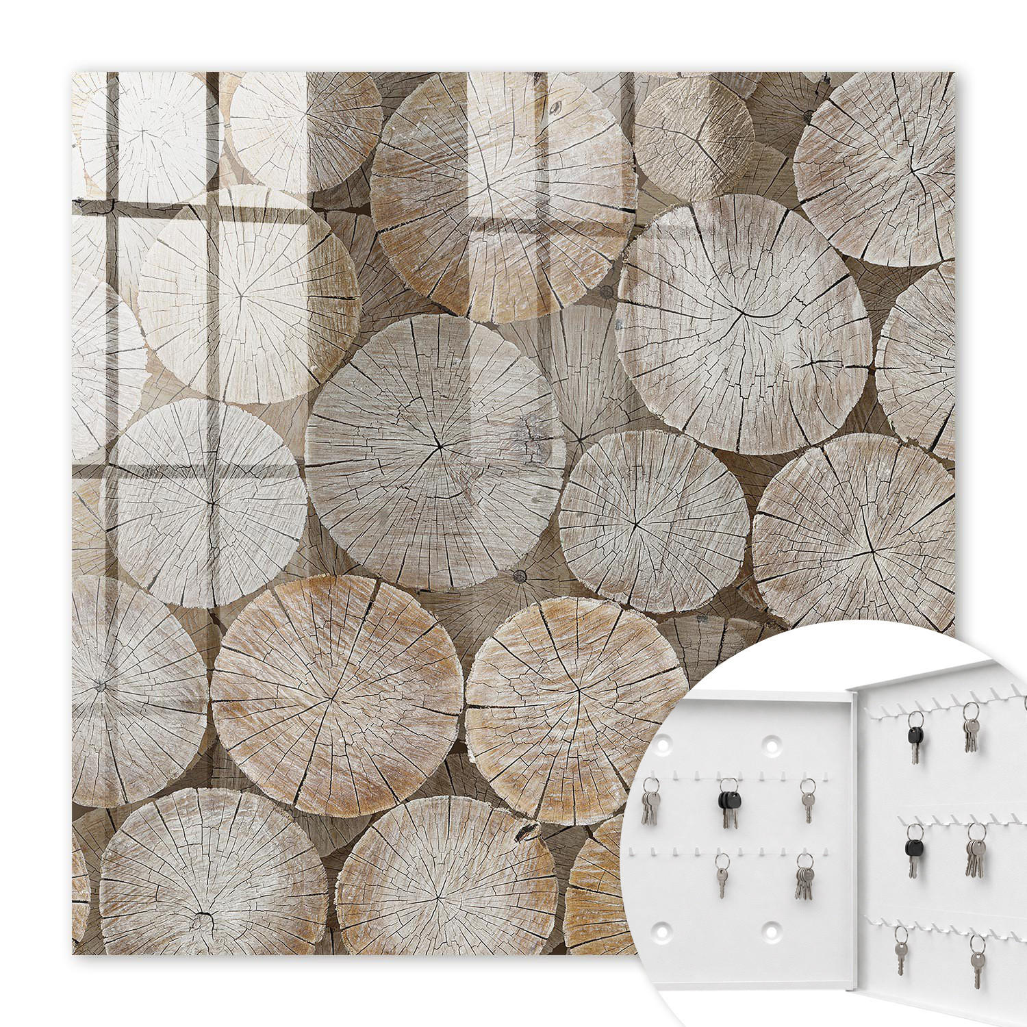 SCHLÜSSELBOX Weiß 30x30 cm – Türöffnung nach rechts - Holzkreise - Beige, Metall (30/30/5cm) - TULUP