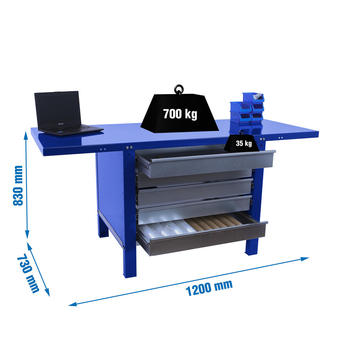 WERKBANK Buffalo Metal mit 5x Schublade HxBxT 83 x 120 x 73 cm Traglast 700 kg Blau - Blau, Metall (120/83/73cm) - PROREGAL