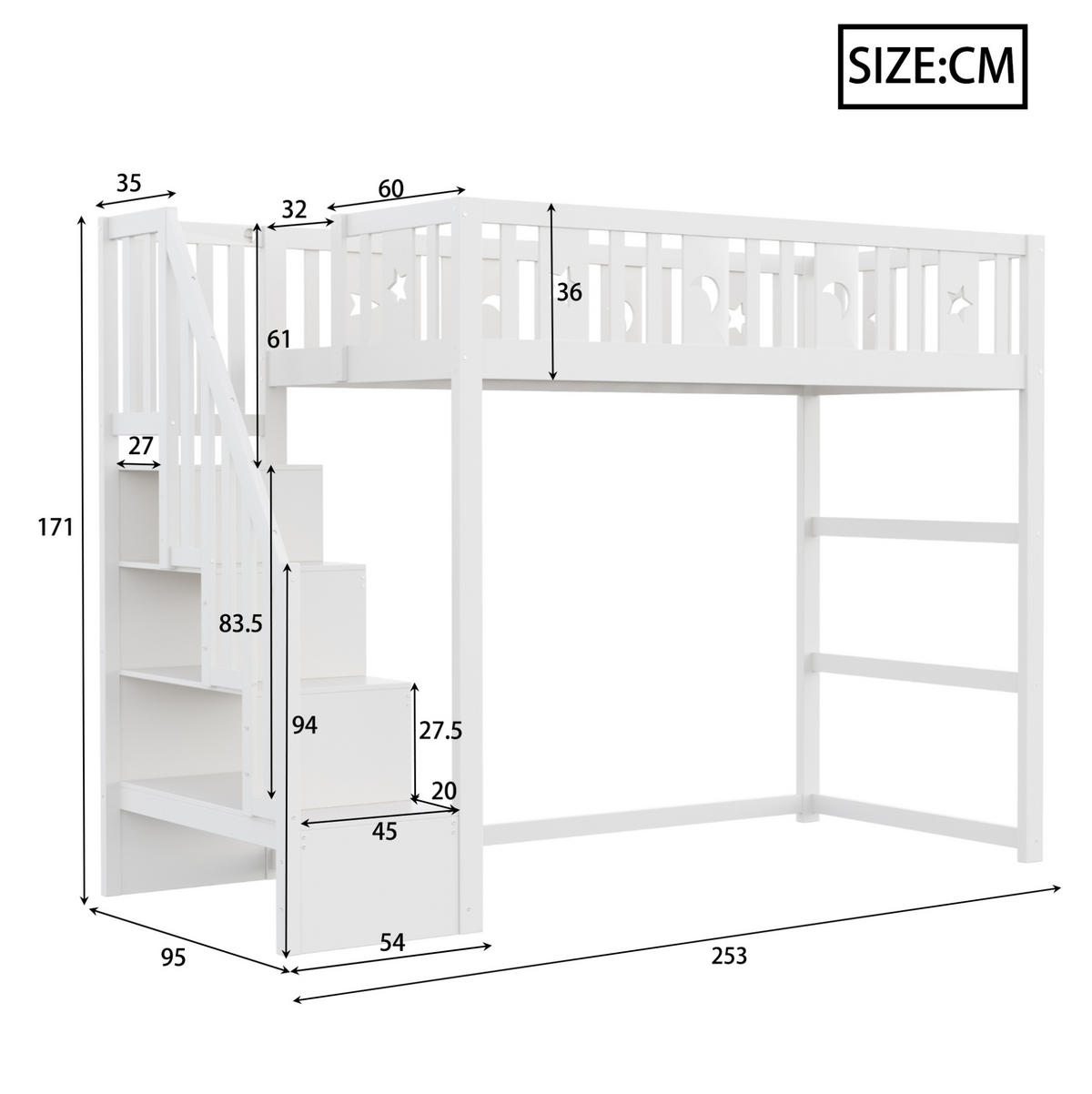 ETAGENBETT 90/200 cm Weiß aus Massivholz mit Treppe und Regal - Weiß, Holzwerkstoff (90/200cm) - OKWISH