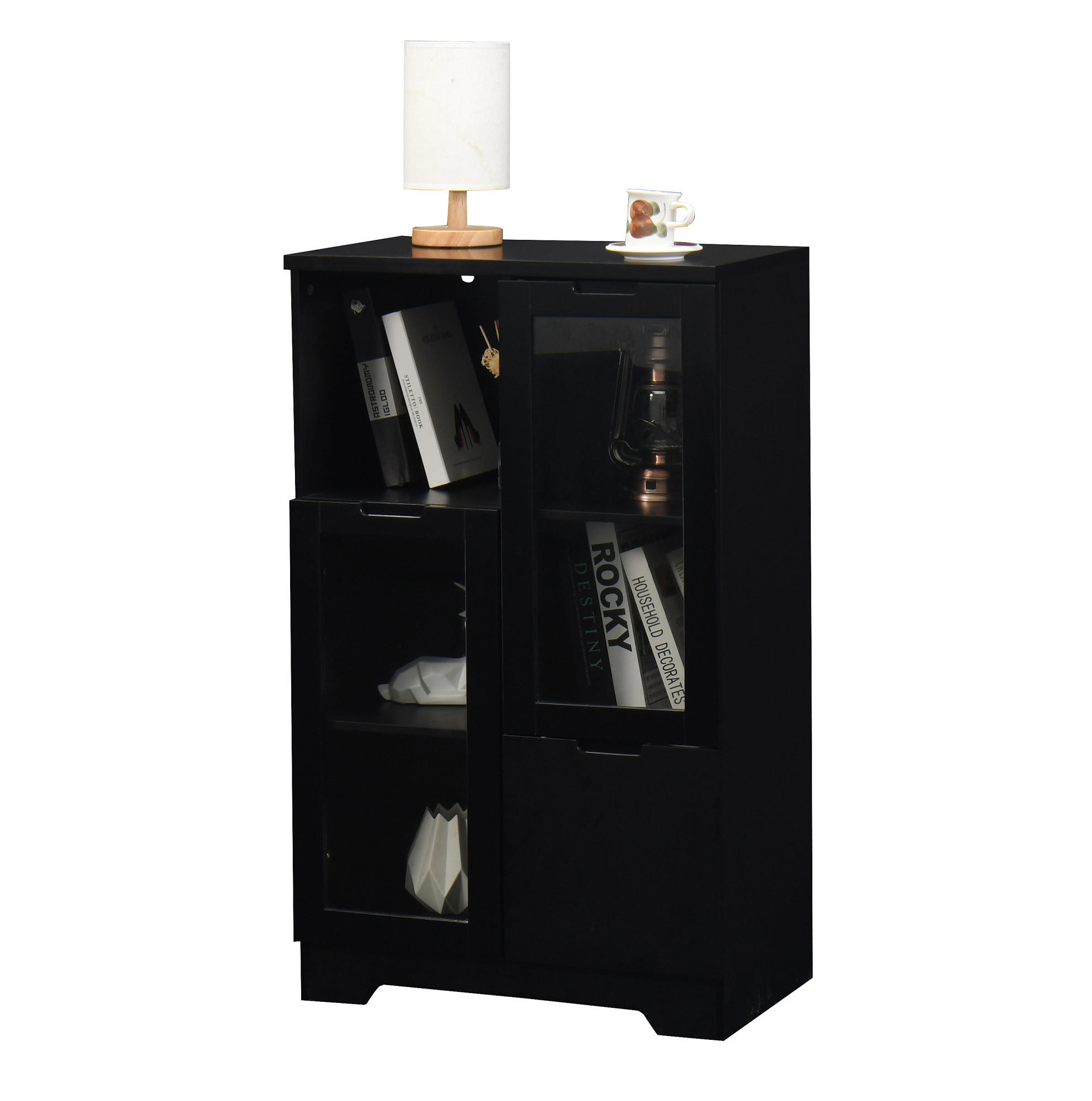 KOMMODE mit 2 Glastüren und verstellbaren Einlegeböden, MDF, grifflose Optik, 65/30/100 cm, Schwarz - Schwarz, Holzwerkstoff (65/100/30cm) - Redom