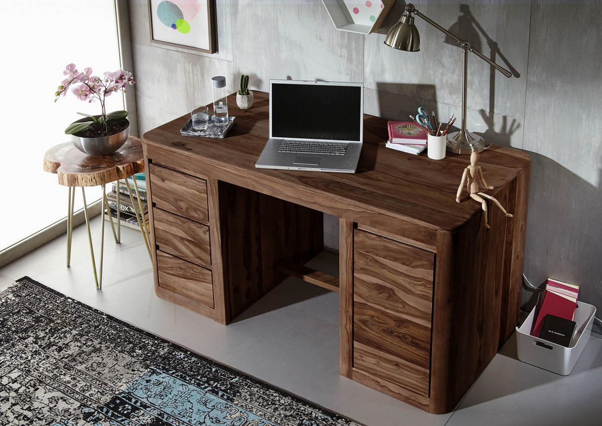 SCHREIBTISCH Sheesham 150x75x78 rot-braun gebeizt TORONTO #148 - Dunkelbraun, Holz (75/150/78cm) - Massivmoebel24