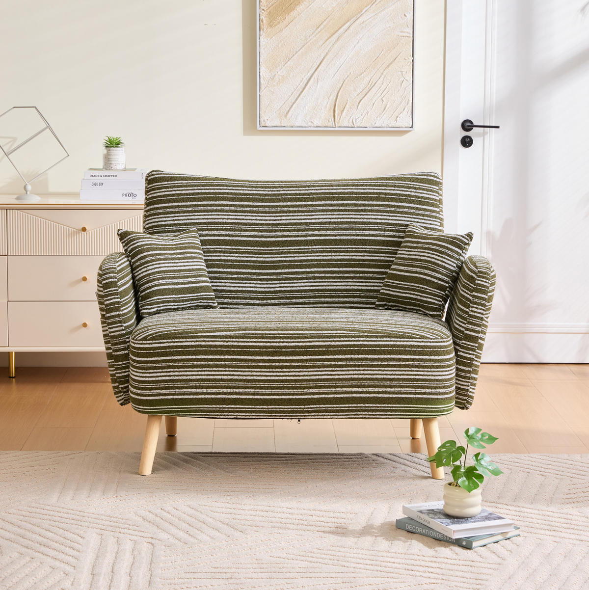 2-SITZER-SOFA aus Bouclé 121x81,5x87 cm in Olivgrün mit Seitentaschen - Grün, Textil (81.5/87/121cm) - Modfu