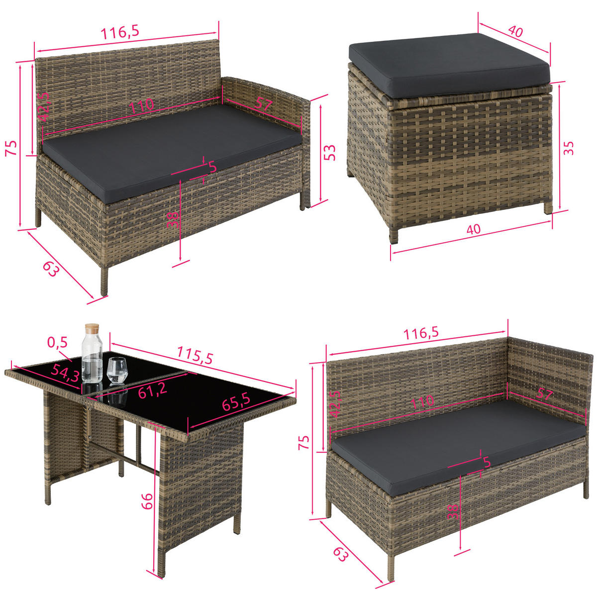 RATTANLOUNGE Barletta,mit Sicherheitsglasplatten,natur - Naturfarben, Kunststoff - tectake