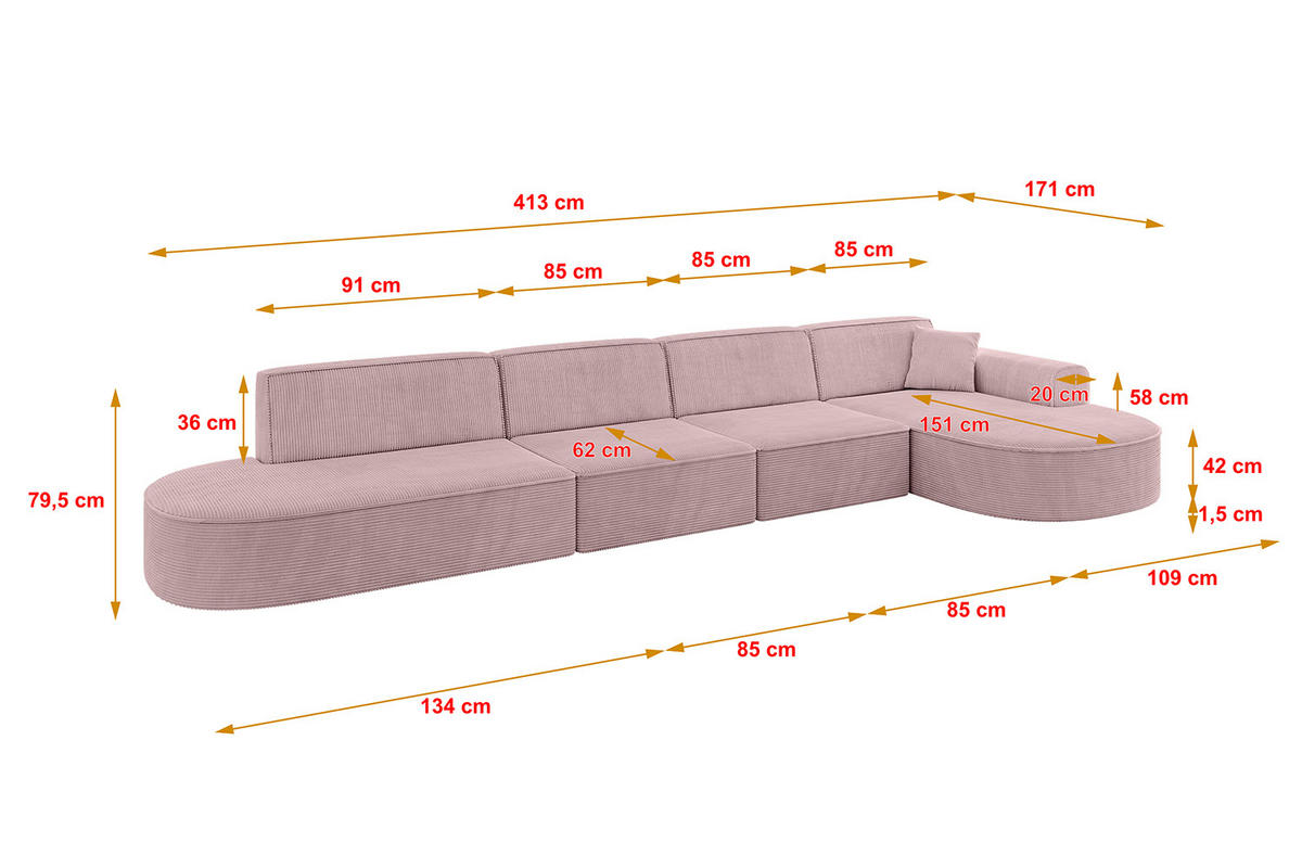 ECKSOFA Ottomane Rechts MARI-L3 - 413x171x79 cm Rosa Cord - Schwarz/Rosa, Holzwerkstoff/Kunststoff (171/413cm) - ALTDECOR