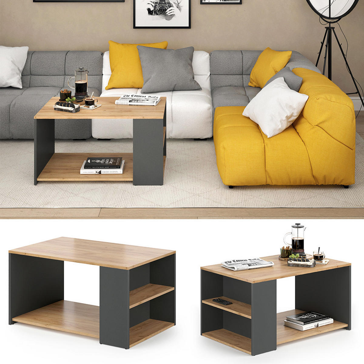 COUCHTISCH Dario Anthrazit 90 x 59 cm - Anthrazit/Eiche Wotan, Holzwerkstoff (59/90/48.1cm) - Vicco