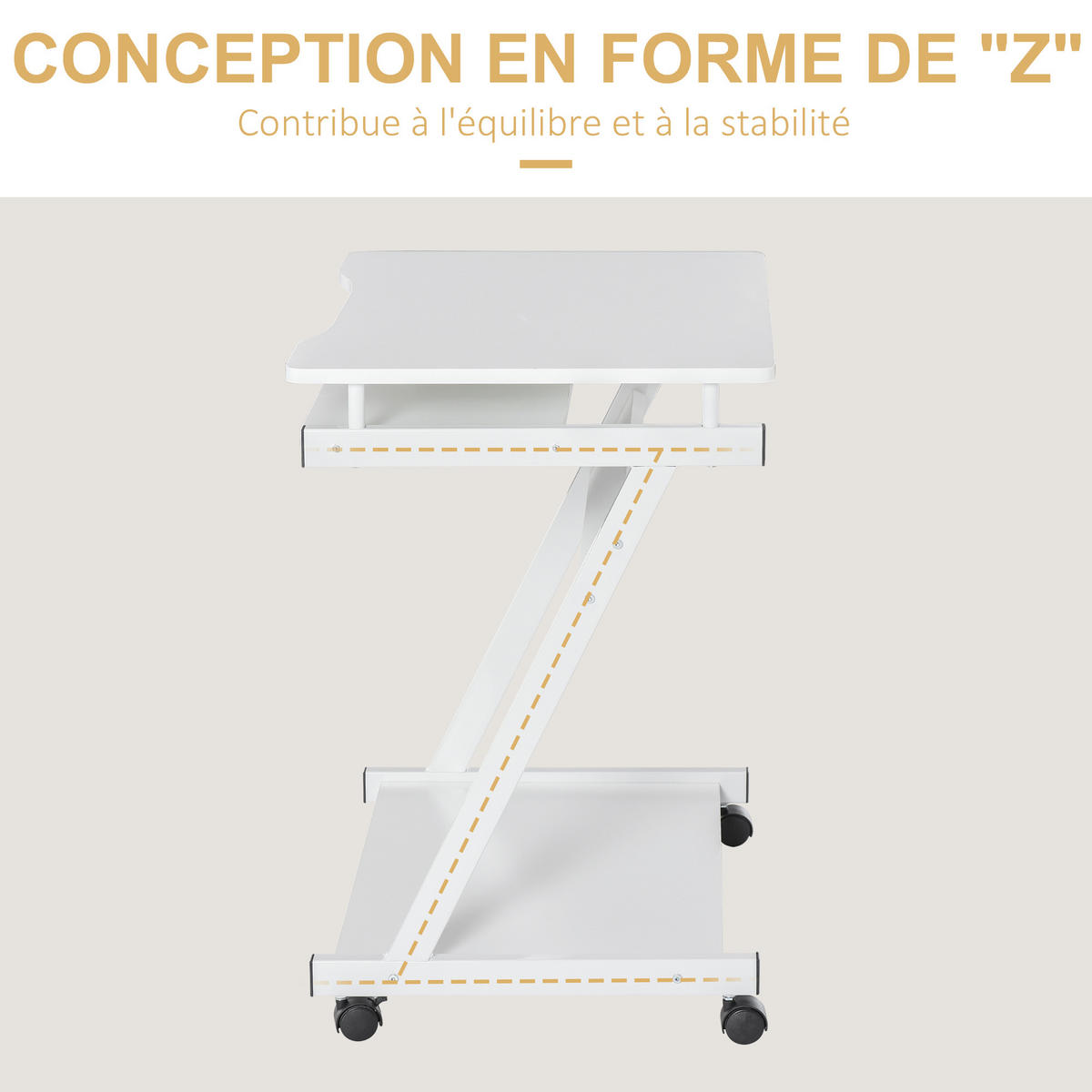 COMPUTERTISCH Weiß rollbar mit Tastaturauszug und Ablage 60/48/73 cm - Weiß, Holzwerkstoff (48/60/73cm) - PANGIVO
