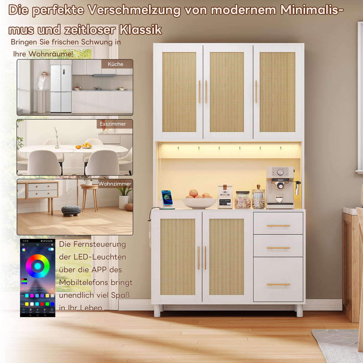 ANRICHTE Küchenanrichte aus MDF mit LED-Beleuchtung und verstellbaren Einlegeböden Weiß - Weiß, Holzwerkstoff (100/183/40cm) - Modenvie