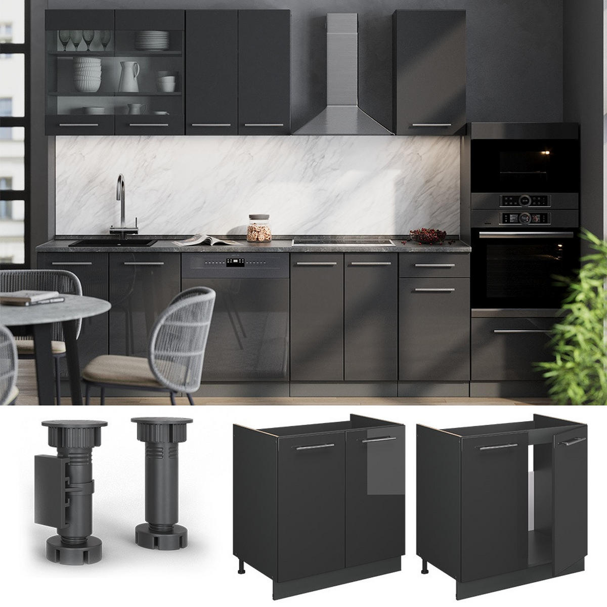 SPÜLENUNTERSCHRANK Fame-Line Anthrazit Hochglanz 80 cm , AP Marmor - Schwarz Hochglanz/Anthrazit, Holzwerkstoff (80/82/60cm) - Vicco