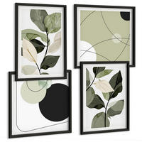 BILDER SET 4er Set - 50x50 cm & 40x60 cm Schwarzer Rahmen - Abstrakte Darstellung gemalter Blätter - Schwarz, Kunststoff (50/50cm) - TULUP