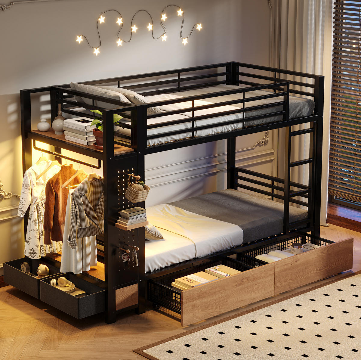 ETAGENBETT aus Metall und MDF 90x200 cm Schwarz mit LED-Beleuchtung, Schubladen und Stauraum - Schwarz, Holzwerkstoff (90/200cm) - Modfu