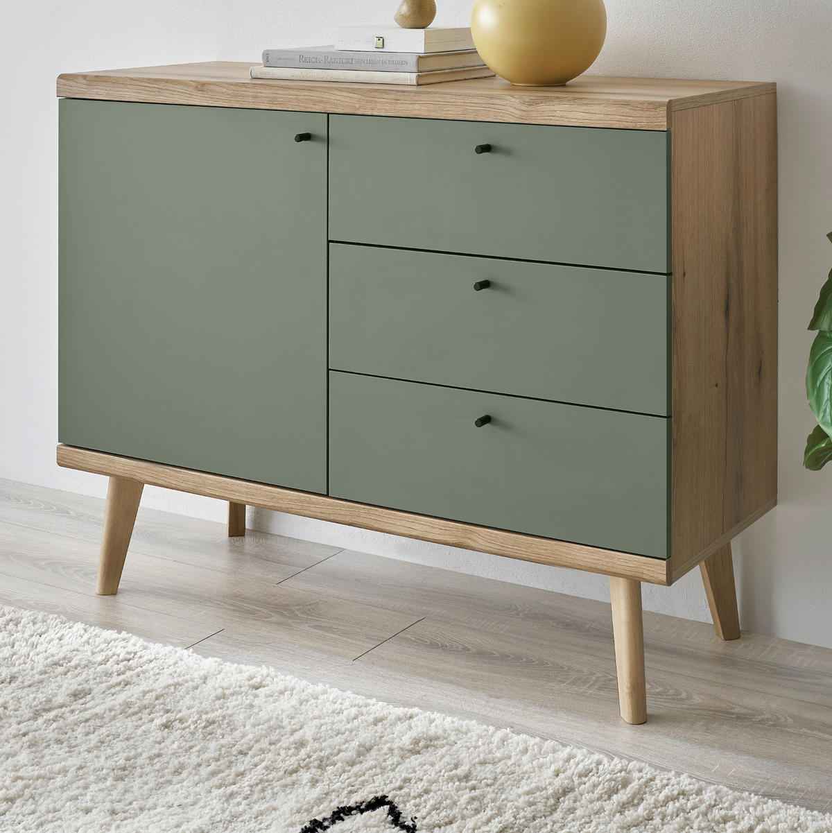 SIDEBOARD Salbei grün, Eiche Evoke, skandinavisch 107 cm, Kommode mit Vollauszug - Salbeigrün/Eichefarben, Holz/Holzwerkstoff (107/83/40cm) - Furn.Design