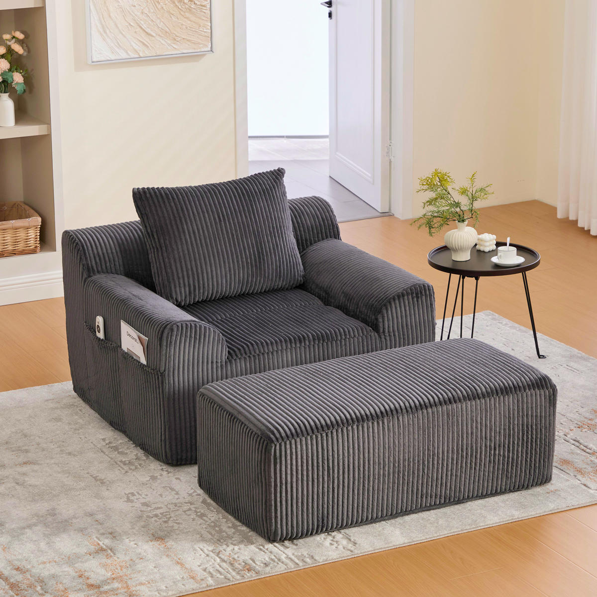 SOFASESSEL mit Fußpedal Kordsamt Dunkelgrau 147/110/67 cm - Dunkelgrau, Textil (147/67/110cm) - OKWISH