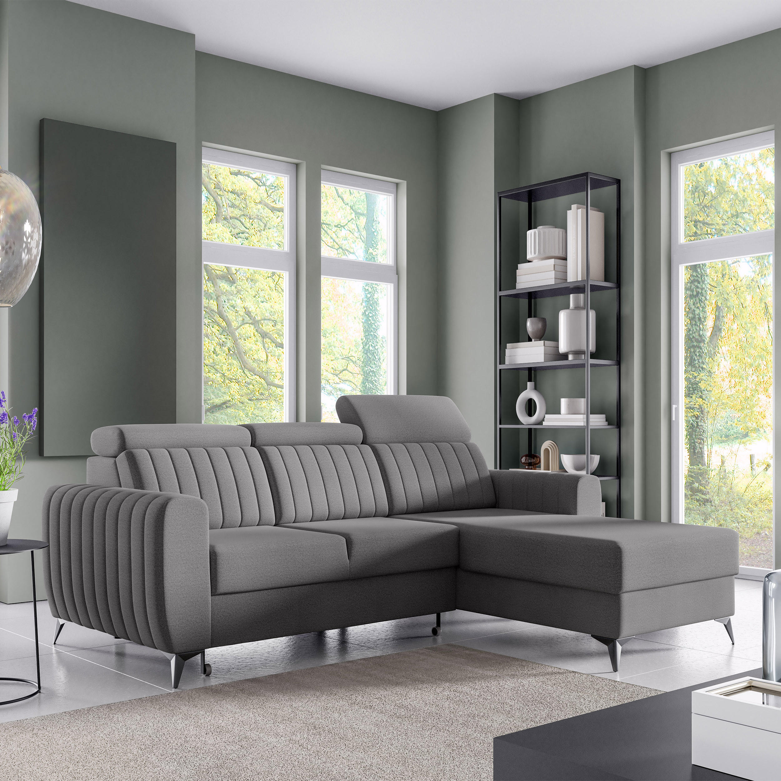 ECKSCHLAFSOFA Connor I verstellbare Kopfstützen, Dunkelgrau - Dunkelgrau/Schwarz, Textil (238/176cm) - Beautysofa